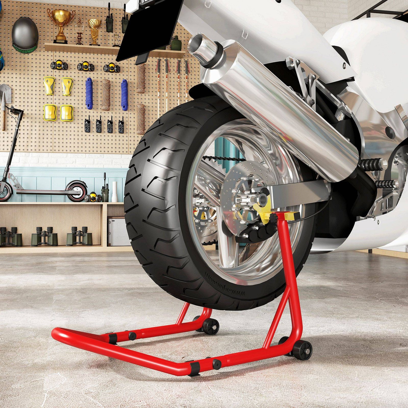 HOMCOM Motorcycle Rear Wheel Stand, 544 kg Capacity Heavy Duty Steel Motorbike Motorcycle Paddock Stand Lift with Adjustable U + L Forks, Wheels, Non-Slip Pads for Workshop Garage Repair, Red - Image 8