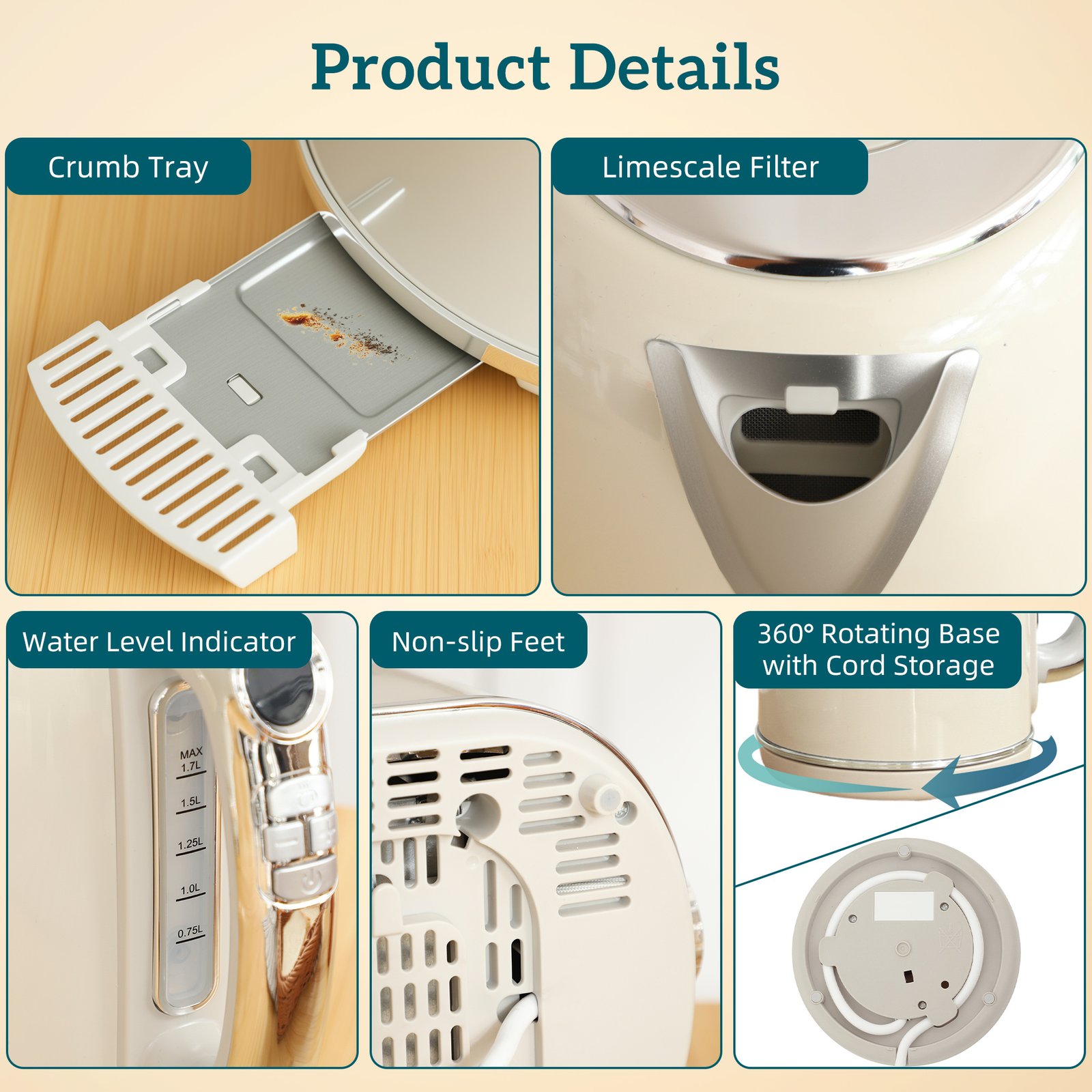 HOMCOM Polished Retro 40-100°C Kettle and Toaster Set - Cream - Image 9