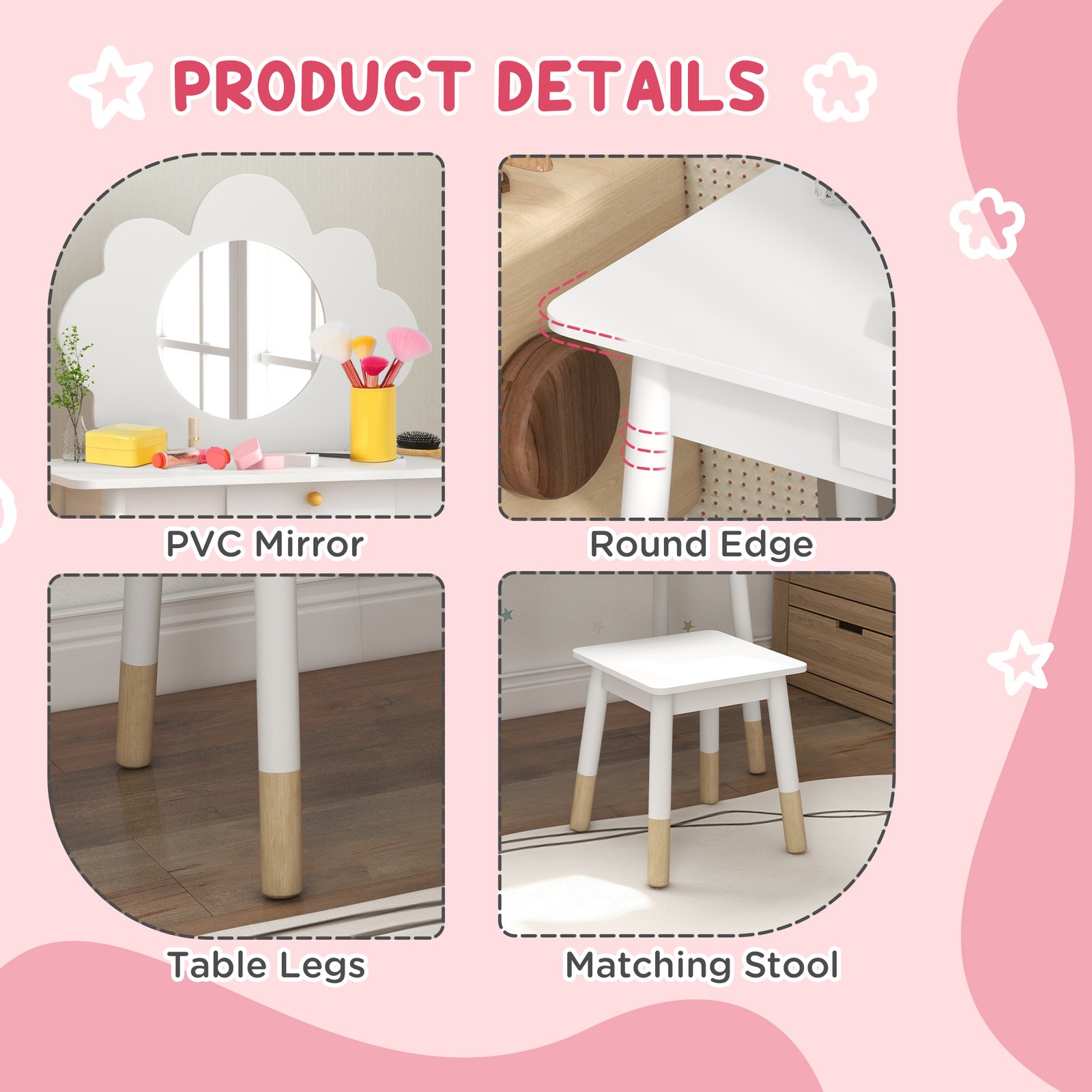 AIYAPLAY Kids Dressing Table with Mirror, Stool, Drawer, Cloud Design, White - Image 6
