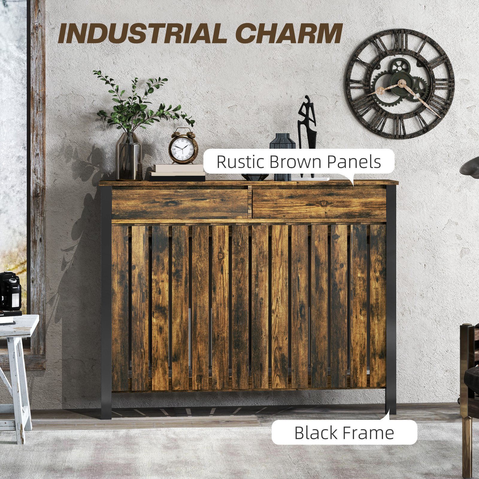 HOMCOM 93 x 119cm Rustic-Look Radiator Cover - Brown/Black - Image 5