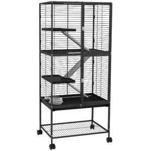 PawHut Rolling Chinchilla Cage, Small Animal Cage for Ferrets w/ Three Doors, Storage, Shelf, Tray Tray, Bowl, Water Bottle
