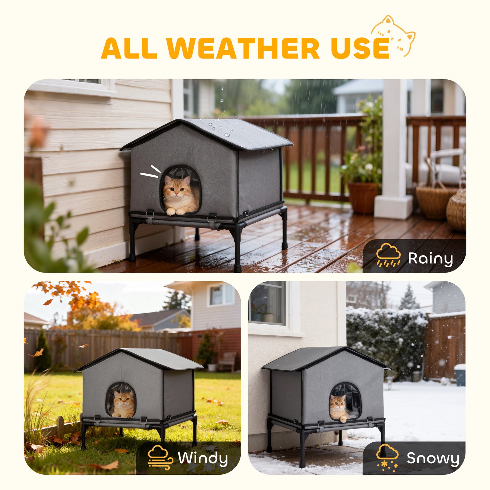 PawHut Outdoor Cat House, Waterproof Insulated Cat Kennel with Elevated Base, Foldable Feral Kitty Shelter for Kittens, Grey - Image 5