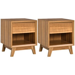 HOMCOM Modern Bedside Table Nightstand, Living Room End Table, Side Table with Drawer and Shelf, Set of 2, Walnut Brown
