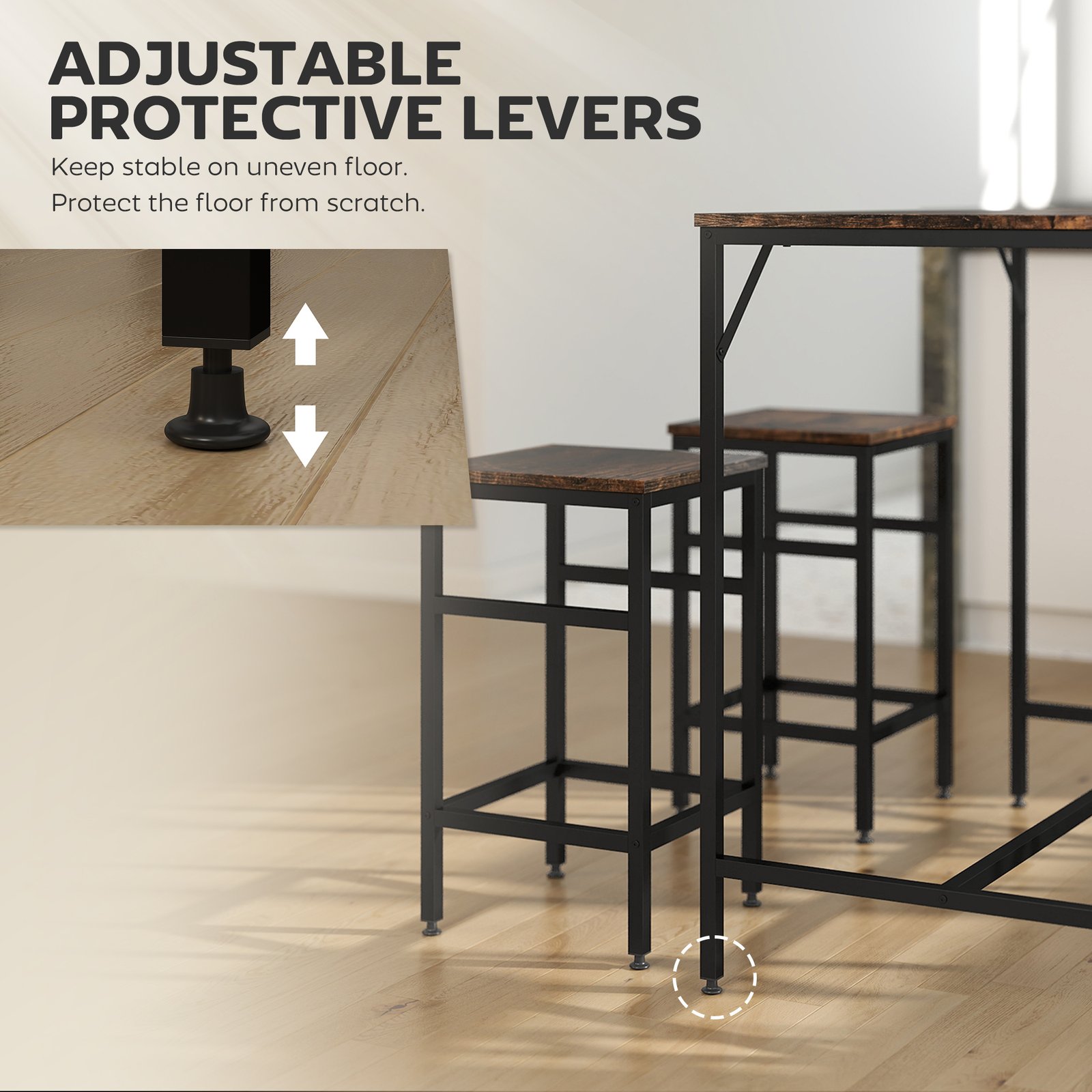 HOMCOM 5-Piece Breakfast Bar Table and Stools Set, Kitchen Bar Table Set with High Table and 4 Stools, Space Saving Compact Dining Furniture for Small Spaces, Rustic Brown - Image 6