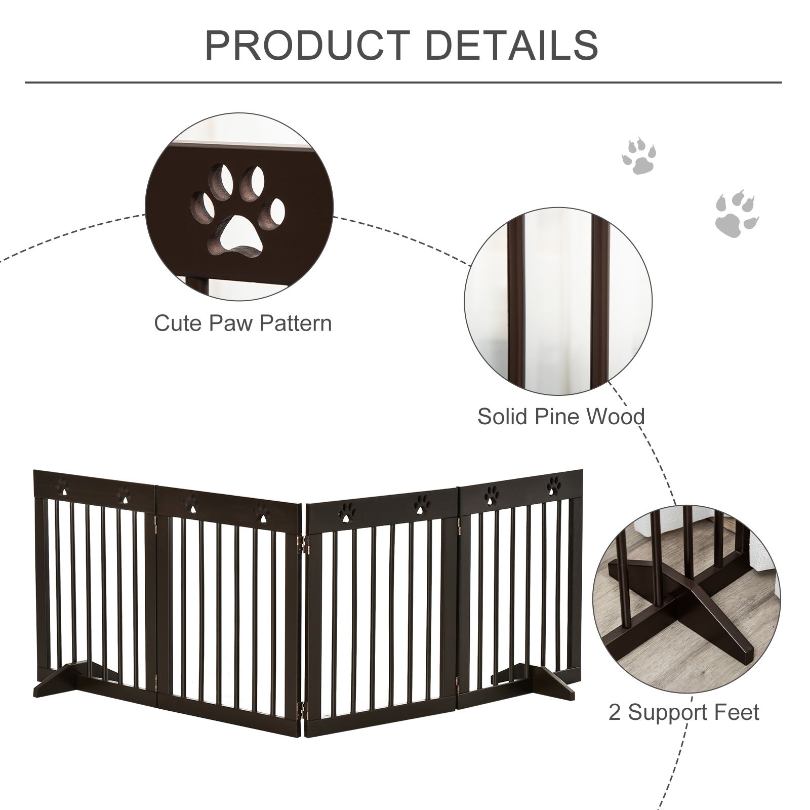 PawHut Freestanding Pet Gate 4 Panel Wooden Dog Barrier Folding Safety Fence with Support Feet up to 204cm Long 61cm Tall for Doorway Stairs Brown - Image 6