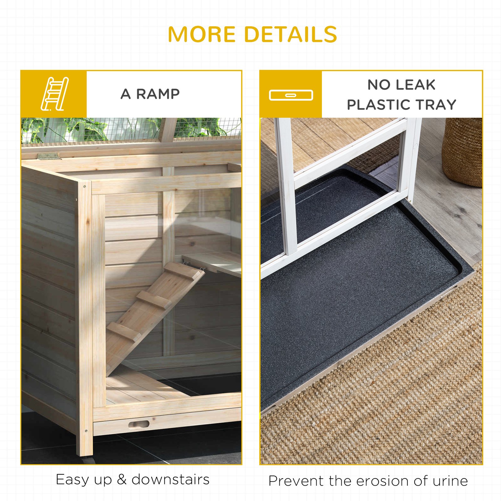 PawHut Rabbit Hutch Indoor Wooden Guinea Pig House Hamster Cage with Wheels, 2 Layers Bunny Cage with Openable Roof, 91.5 x 53.3 x 73 cm, Natural - Image 8