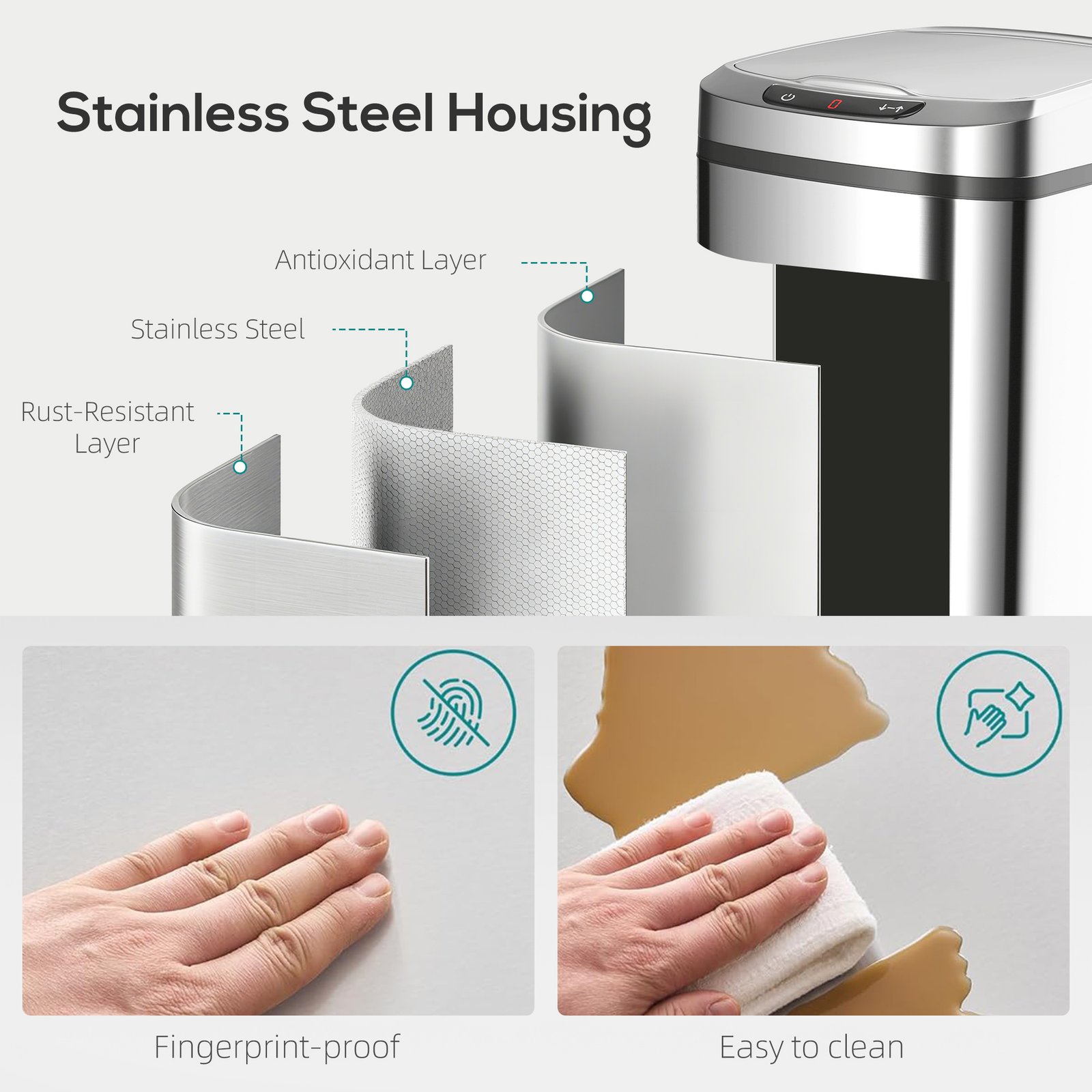 HOMCOM 12L Sensor Bin, Automatic Touchless Motion Sensor Kitchen Bin with Fingerprint Resistant Stainless Steel, Silver - Image 7