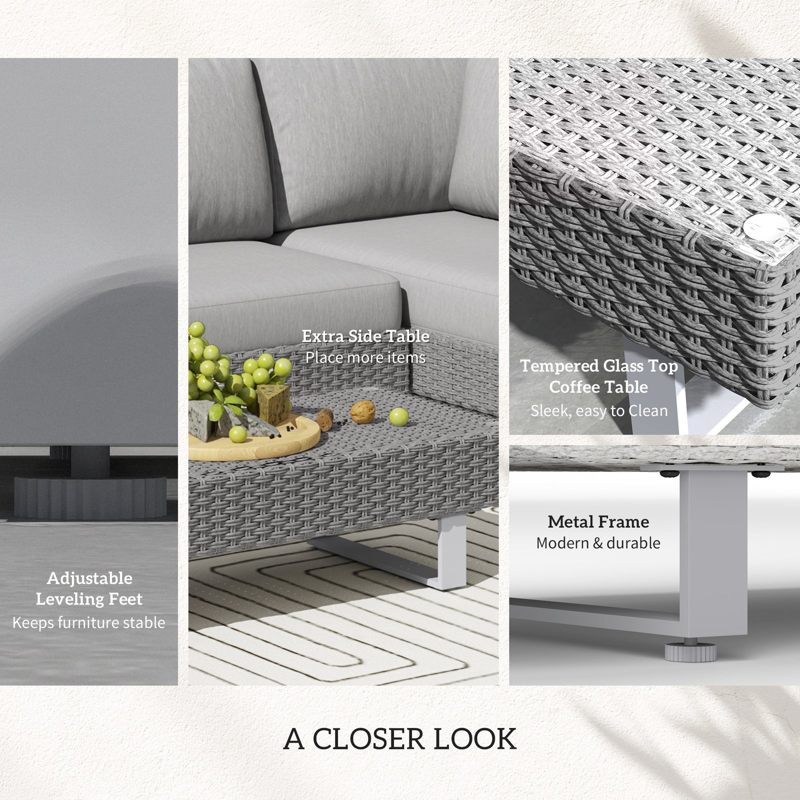 Outsunny Three-Piece Rattan Sofa Set, with Cushions - Light Grey - Image 6