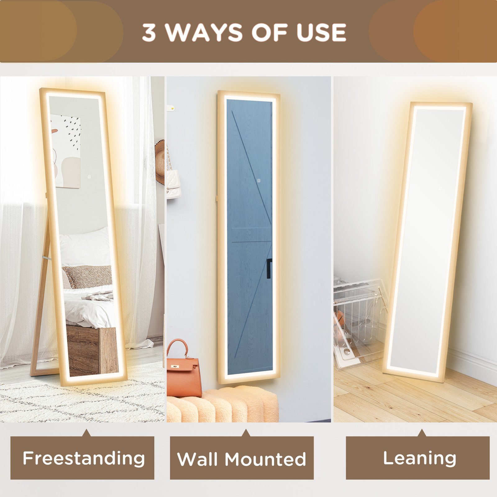 HOMCOM Full Length Mirror, with Adjustable Outer Light, Oak - Image 7