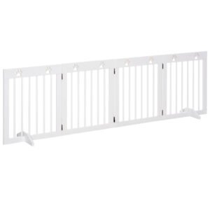 PawHut Freestanding Pet Gate 4 Panel Wooden Dog Barrier Folding Safety Fence with Support Feet up to 204cm Long 61cm Tall for Doorway Stairs White