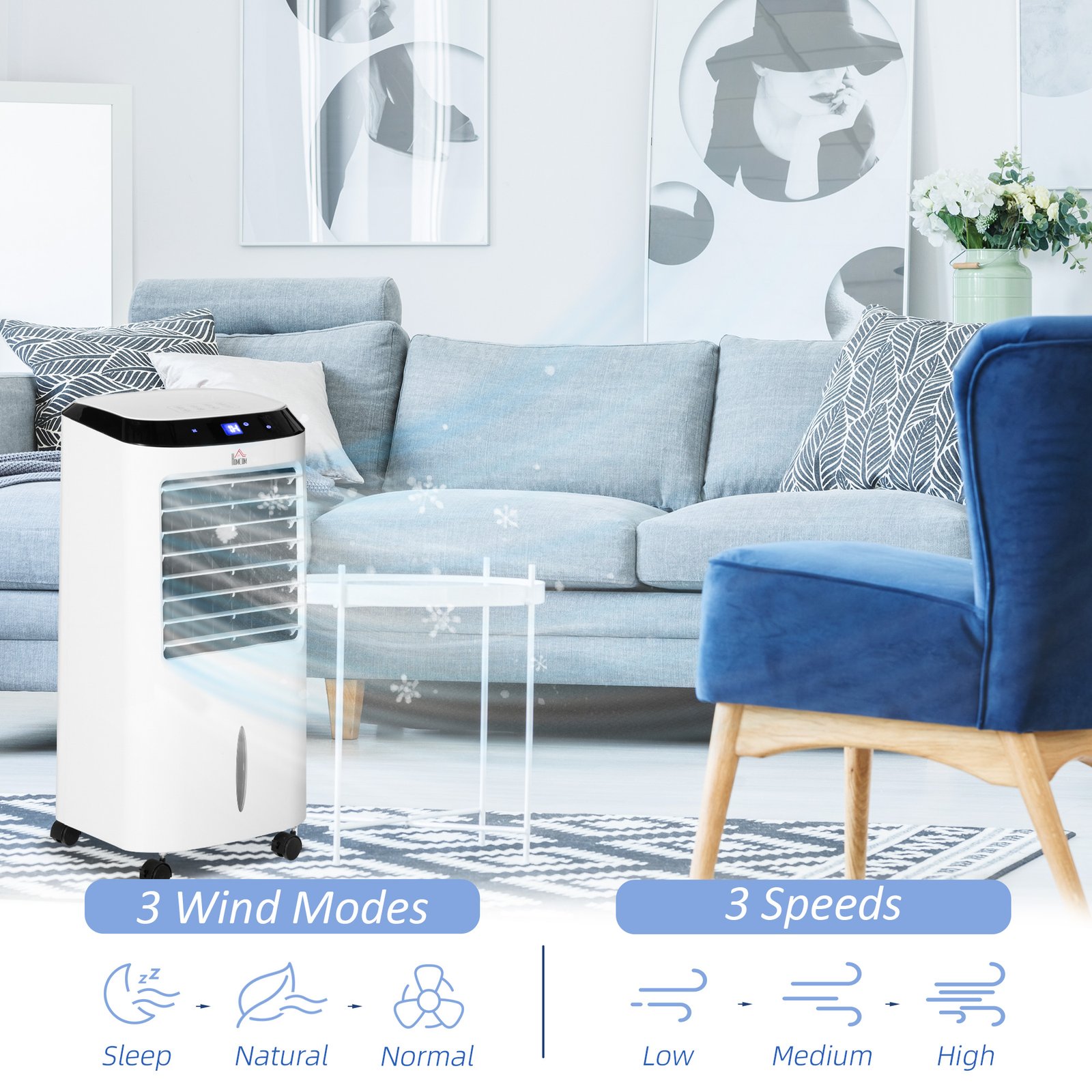 HOMCOM Portable Air Cooler, Evaporative Anion Ice Cooling Fan Water Conditioner Humidifier Unit with 10L Water Tank, 3 Modes, 3 Speed, Remote, Timer, Oscillating for Home Quiet Bedroom, White - Image 5