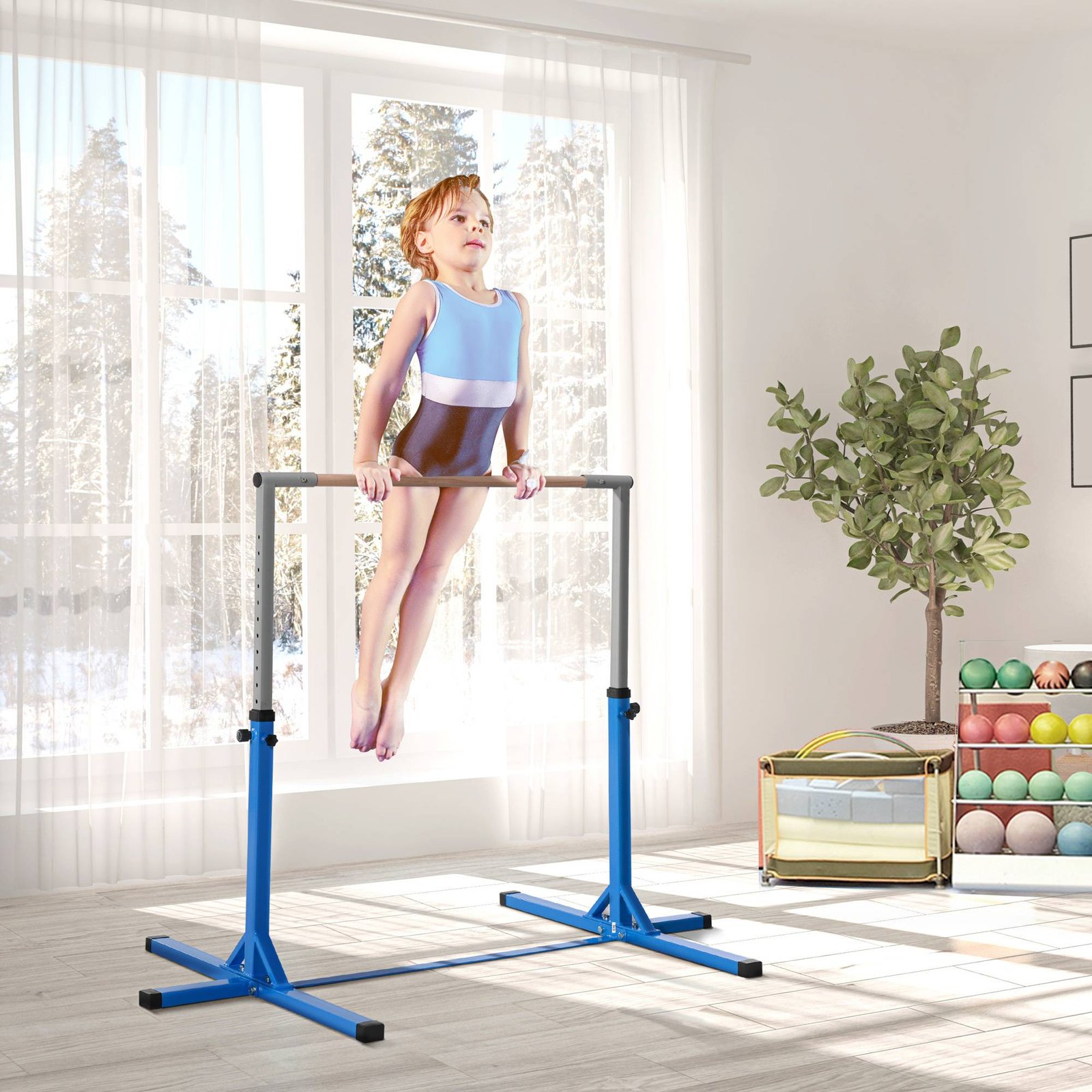 HOMCOM Height Adjustable Gymnastics Horizontal Bar for Kids, Children Junior Kip High Bar Fitness, Blue - Image 2