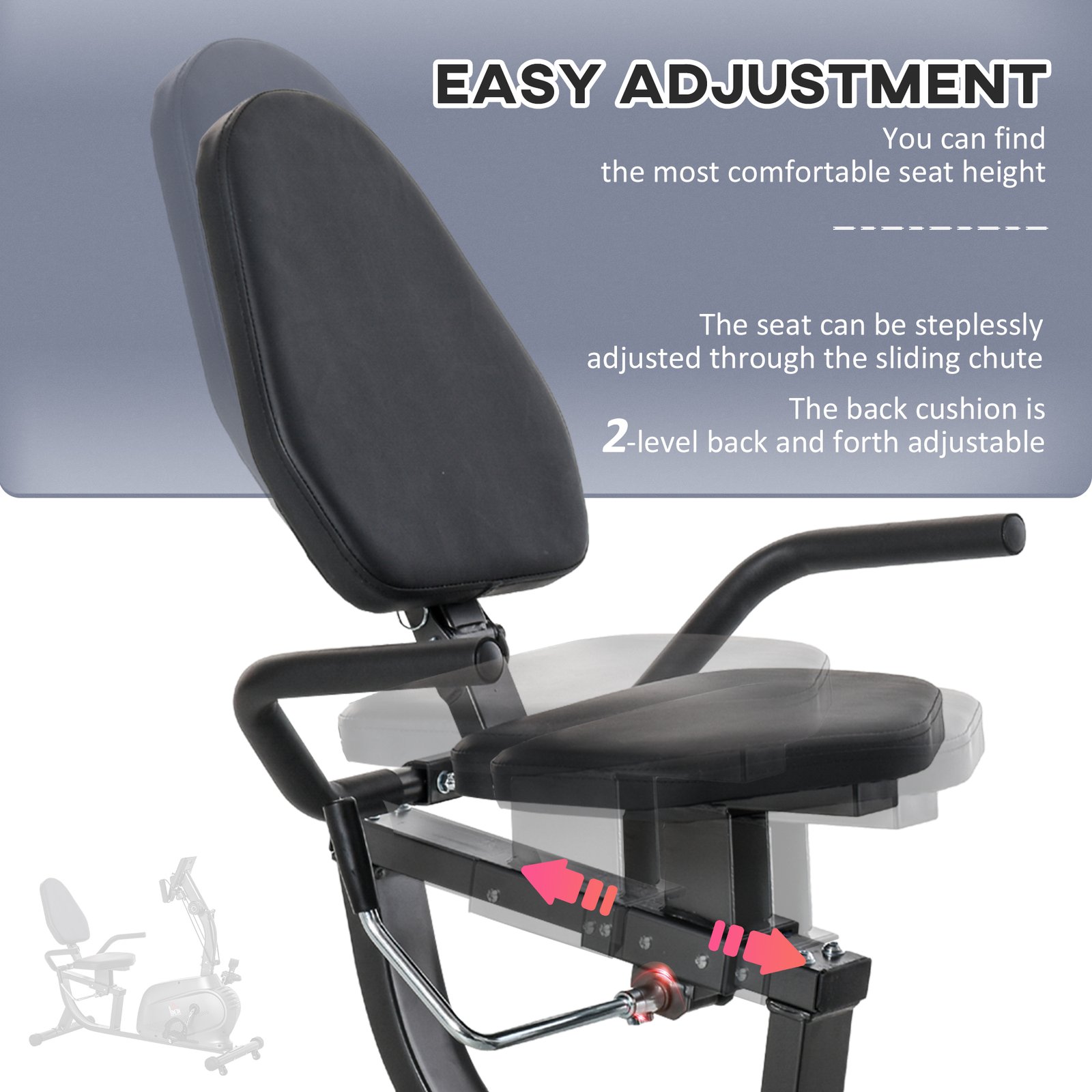 HOMCOM Recumbent Seated Exercise Bike, Recovery Rehab Exercise Bike Home Exerciser, 8-Level Magnetic Resistance Stationary Bike with Pad Holder, LCD Monitor, Wheels for Indoor Cardio Workout, Black - Image 6