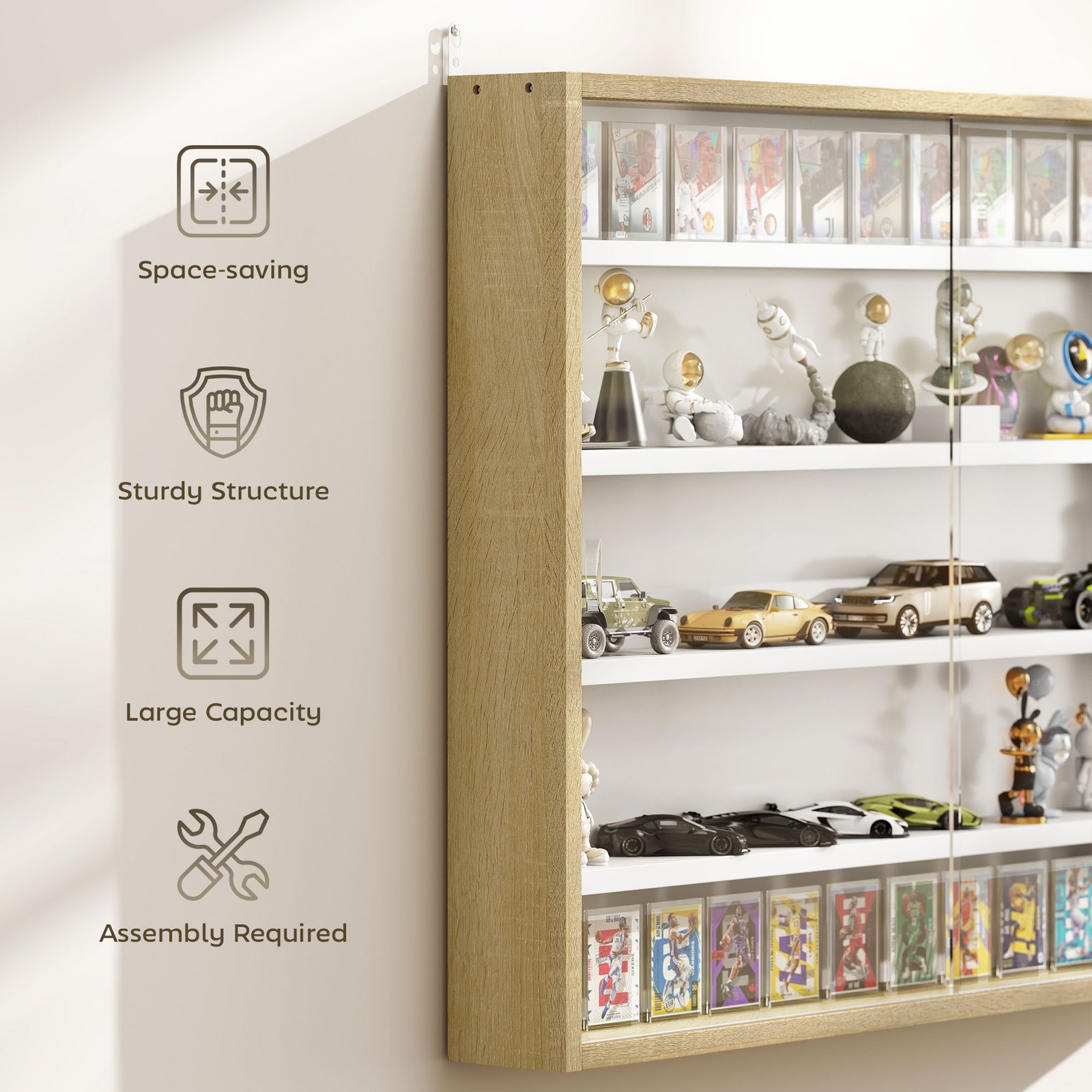HOMCOM 5-Tier Wall Display Shelf Unit Cabinet w/ 4 Adjustable Shelves Glass Doors Home Office Ornaments 60x80cm Natural - Image 6