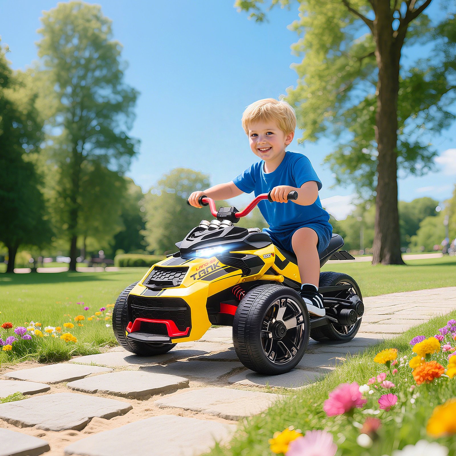 AIYAPLAY 12V Kids Electric Ride On Car with 3 Wheeler, MP3 Player, Horn, 2 Speeds, LED Lights for Boys & Girls Ages 3-8, Yellow - Image 2