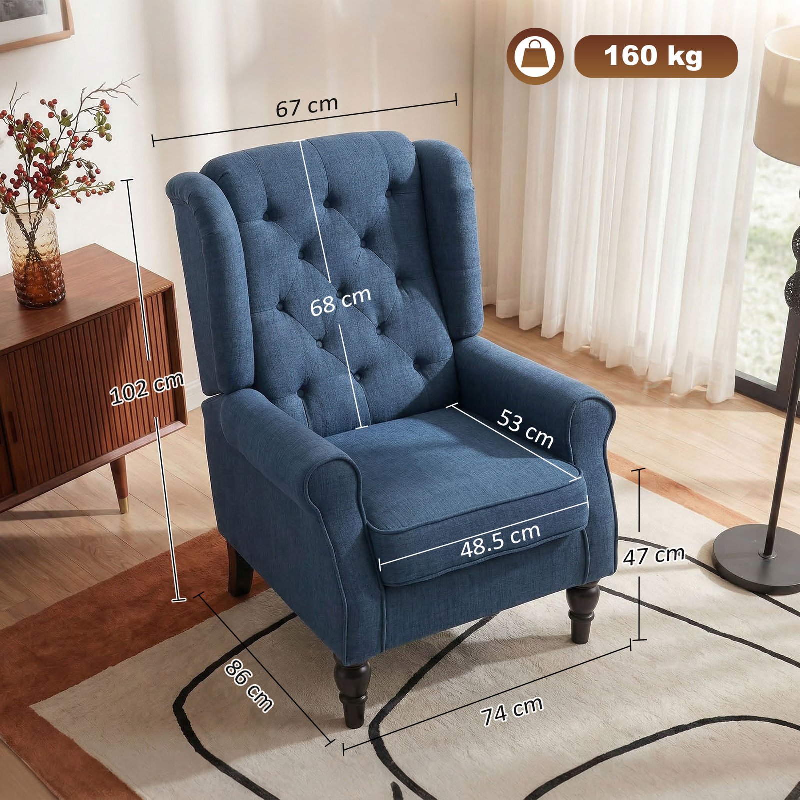 HOMCOM Wingback Accent Chair, Retro Upholstered Button Tufted Occasional Chair for Living Room and Bedroom, Blue - Image 3