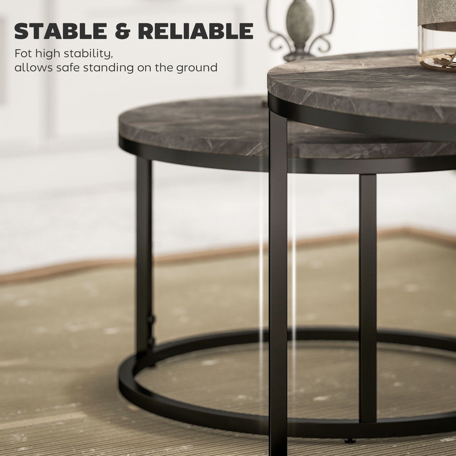 HOMCOM Industrial Nesting Coffee Table Set of 2, Round Coffee Tables, Living Room Table with Faux Marbled Top and Steel Frame - Image 6