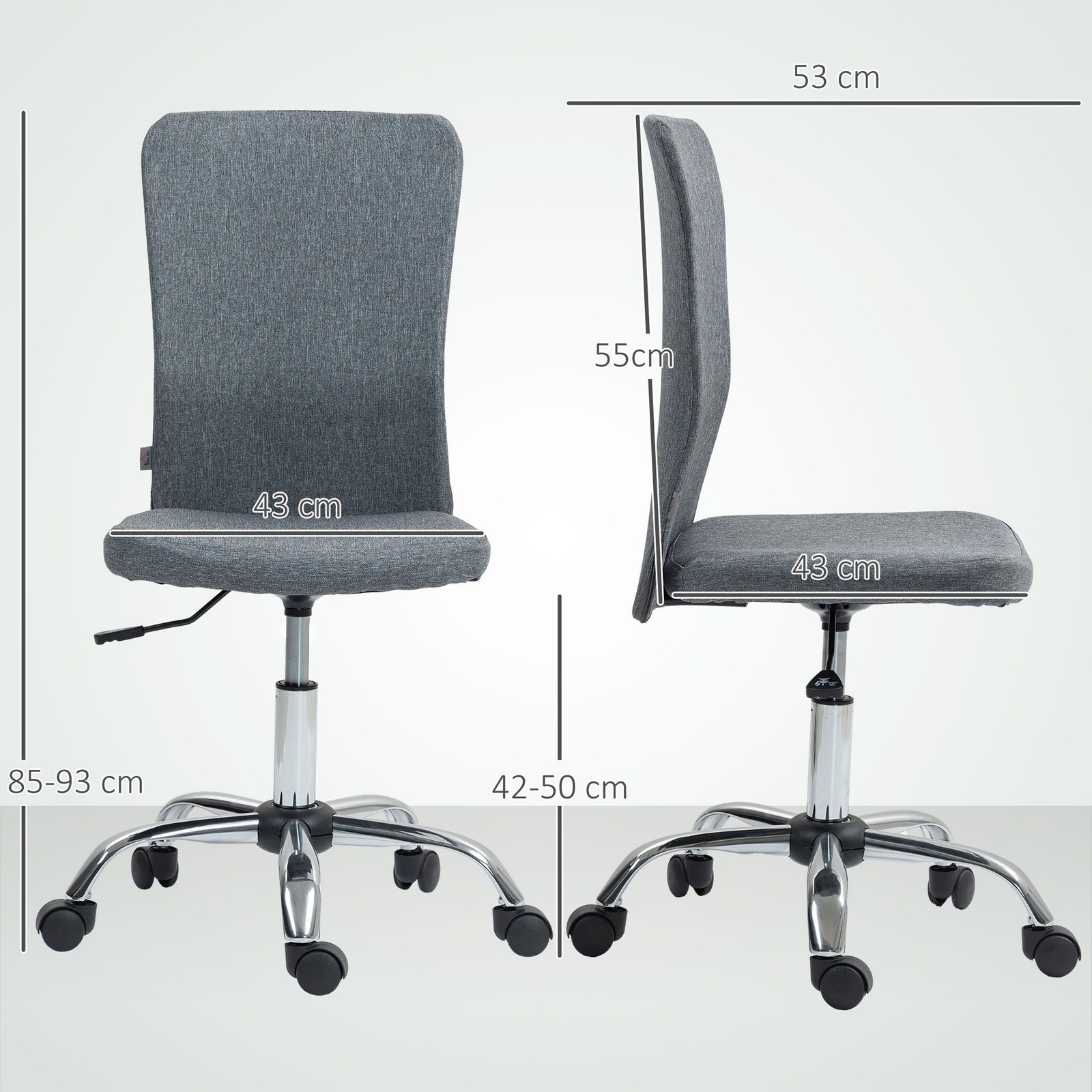HOMCOM Armless Computer Desk Chair, Fabric Swivel Office Chair, Makeup Vanity Chair with Height Adjustable, Wheels, for Home Study Bedroom, Grey - Image 3