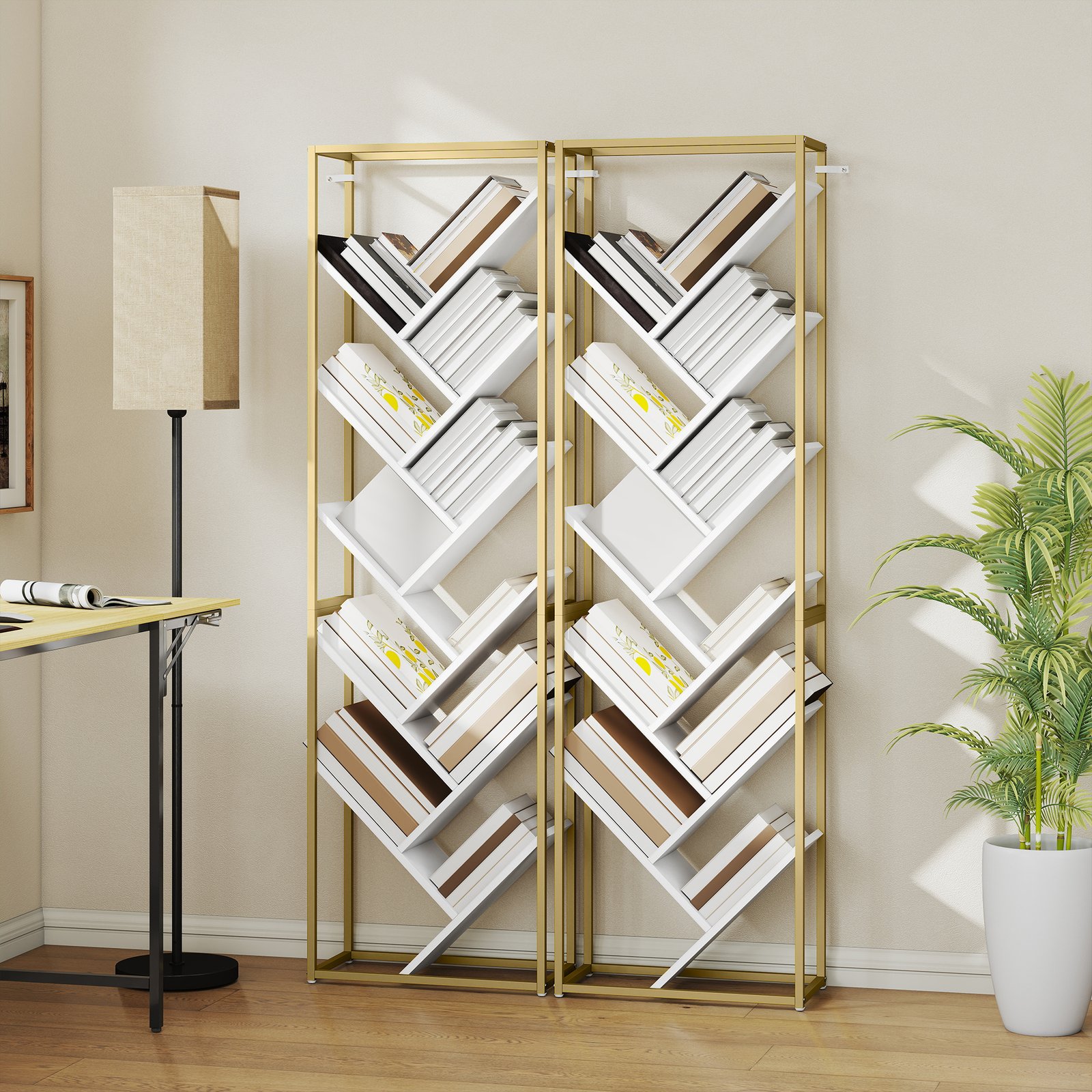 HOMCOM 10 Shelf Modern-Style Bookshelf - Gold Tone/White - Image 9