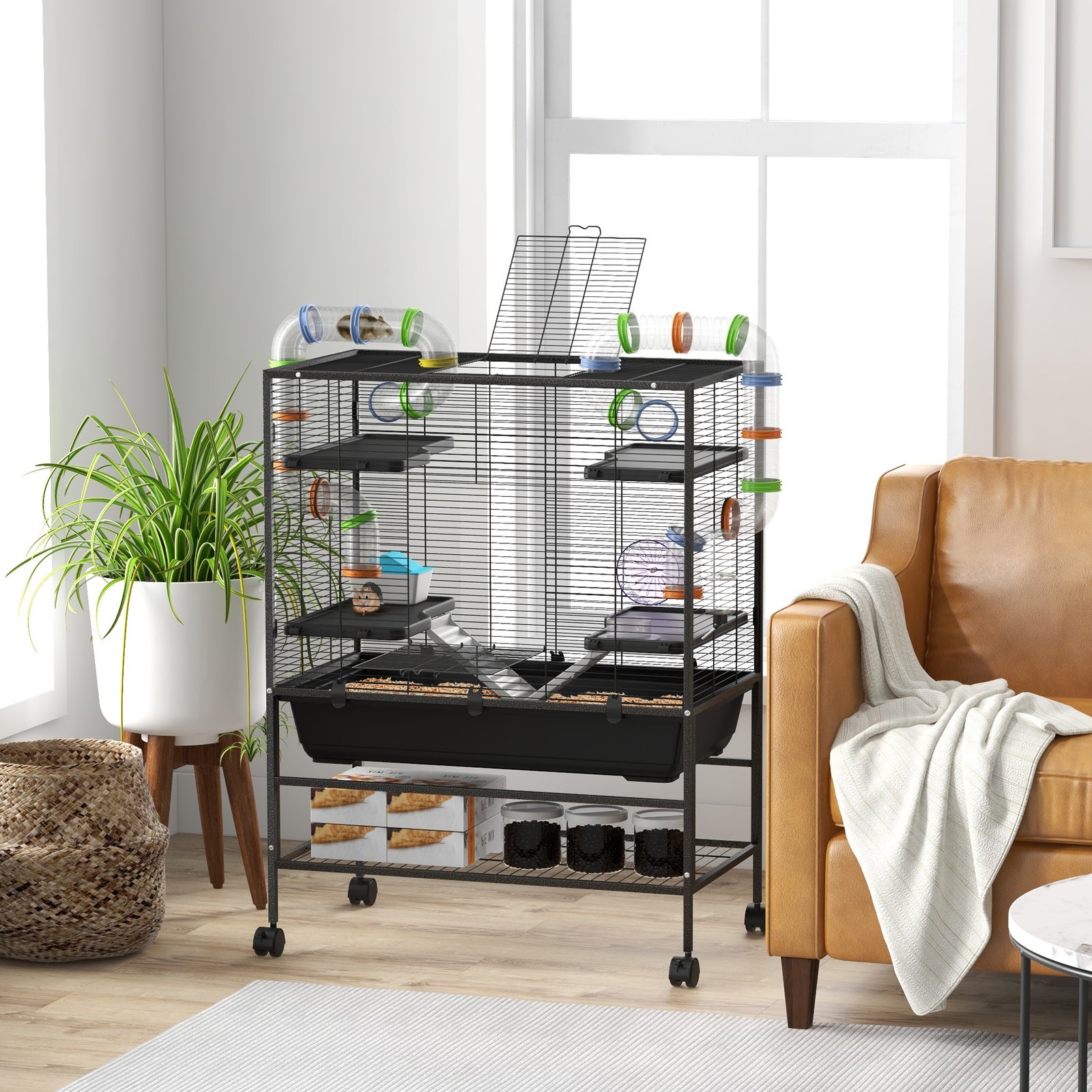 PawHut Large Hamster Cage, Gerbil Cage with Tubes, Storage Shelf, Ramps, Platforms, Running Wheel - Black - Image 2