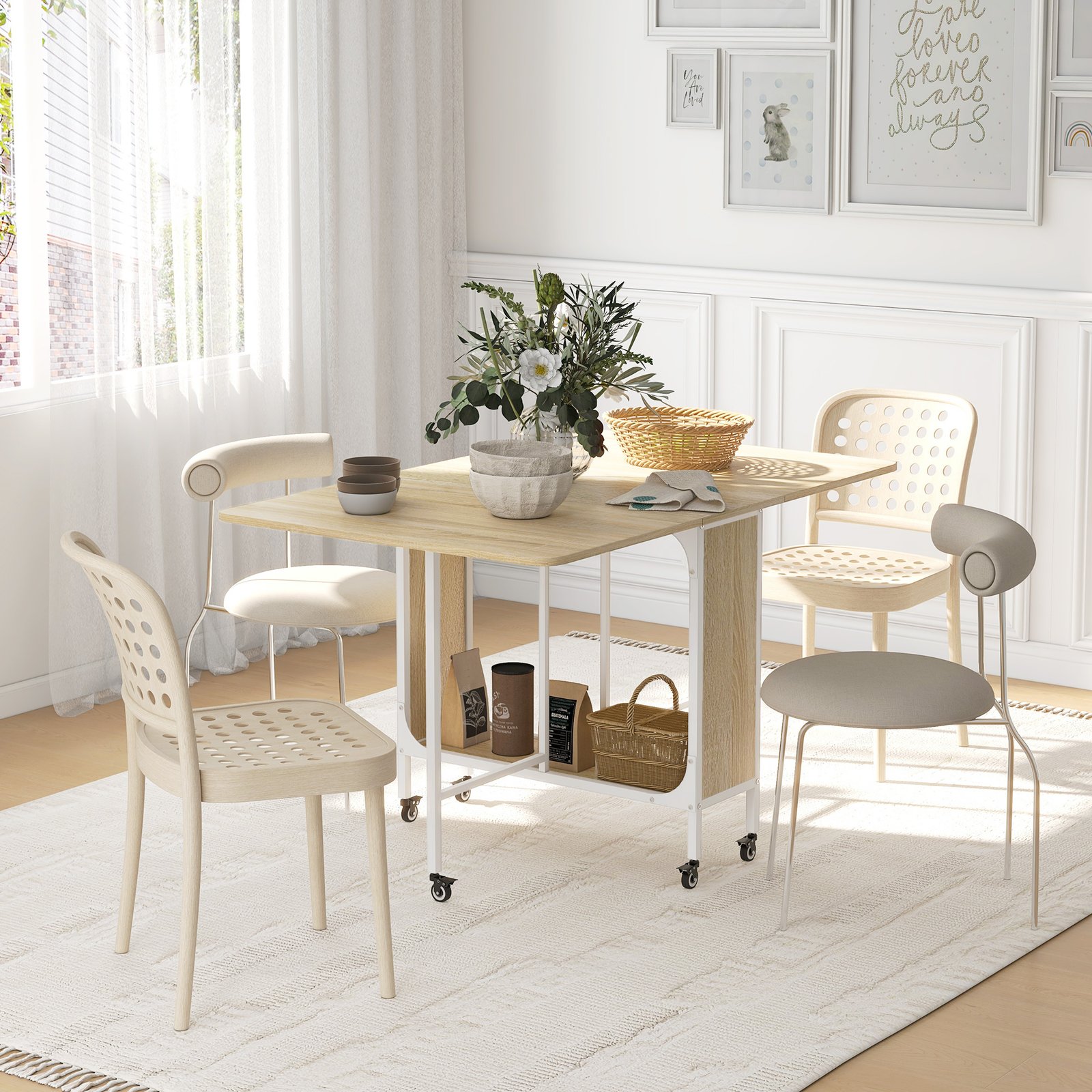 HOMCOM Six-Person Drop Leaf Dining Table - Natural/White - Image 2