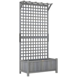 Outsunny Raised Bed with Drainage Holes, Wood Planter with Trellis for Climbing Plants to Grow Vegetables, Flowers, Dark Grey