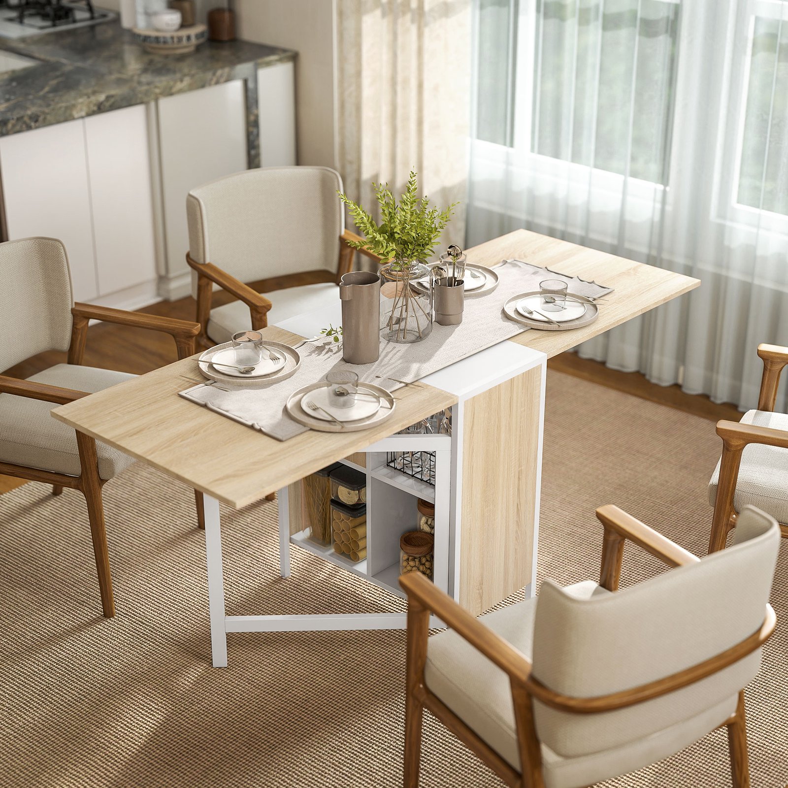HOMCOM Foldable Drop Leaf Dining Table Folding Workstation for Small Space with Storage Shelves Cubes Oak & White - Image 2
