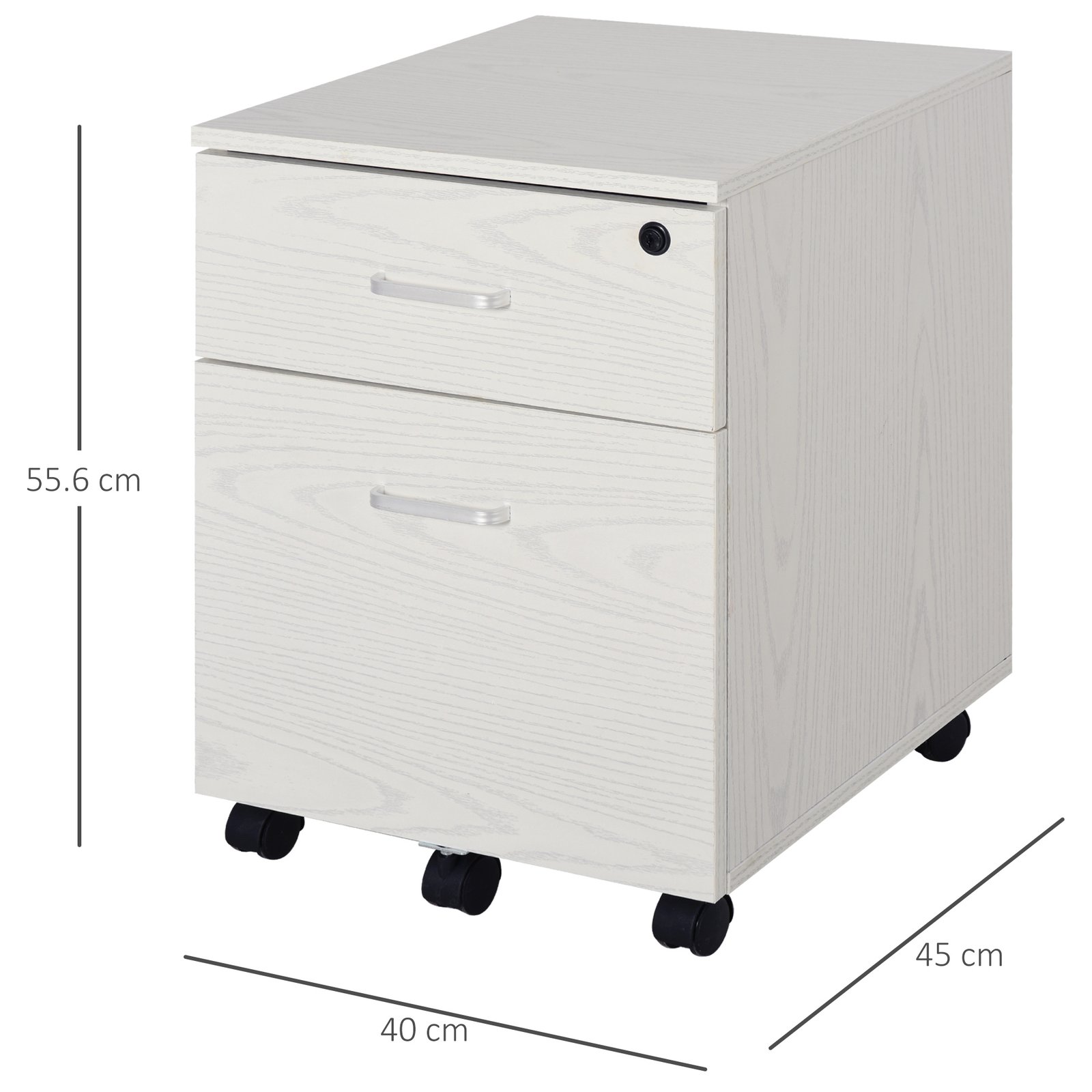Vinsetto 2-Drawer Locking Office Filing Cabinet w/ 5 Wheels Rolling Storage Hanging A4 Cupboard Home Organisation White Wood Grain - Image 3