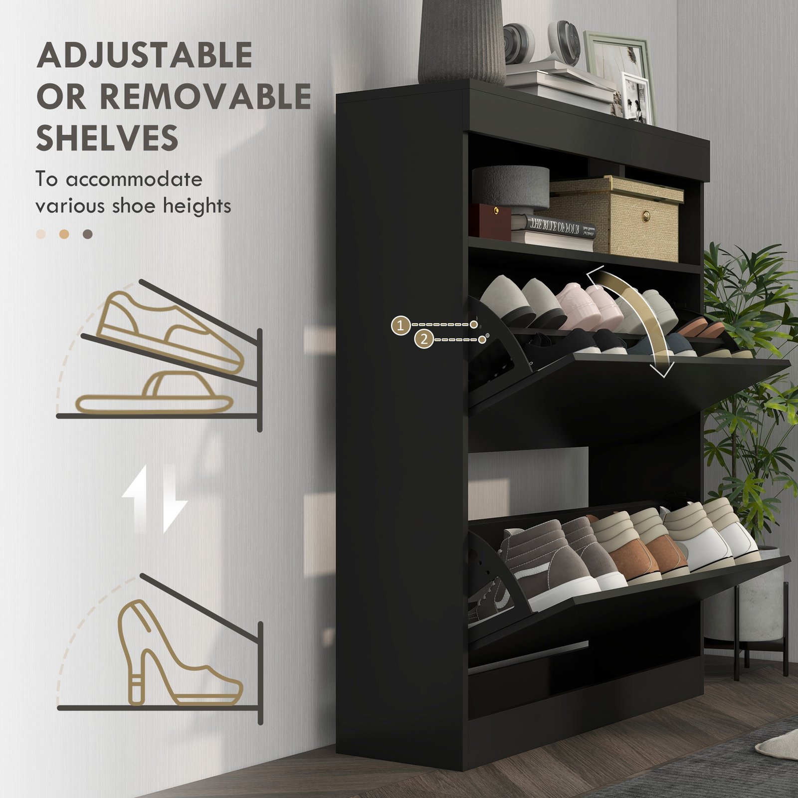 HOMCOM 16 Shoe Pair Storage Cabinet, with Flip Doors - High Gloss Black - Image 5