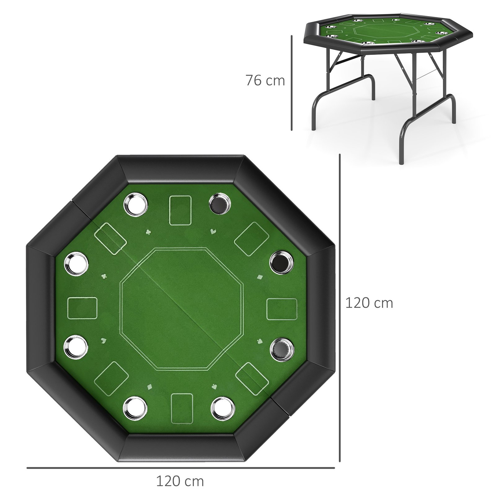 SPORTNOW 8 Player Folding Poker Table, Portable Octagon Blackjack Table with Cup Holders, Padded Edge, Green - Image 3
