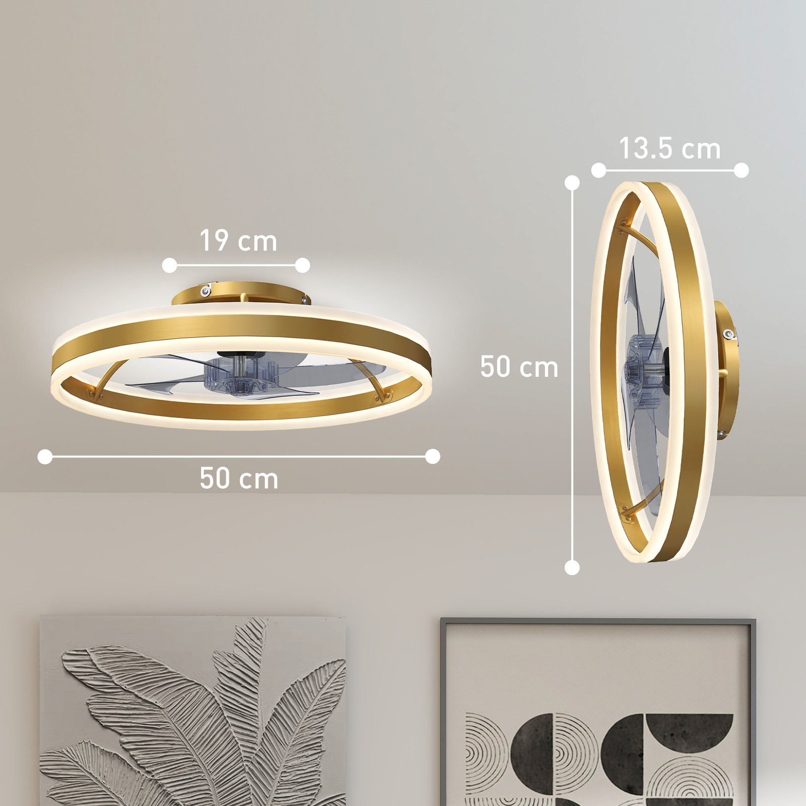 HOMCOM Ceiling Fan with Light and Remote, LED Mount Ceiling Fan with 3 Colour Temperatures, 6 Speed, 50 cm, Gold Tone - Image 3
