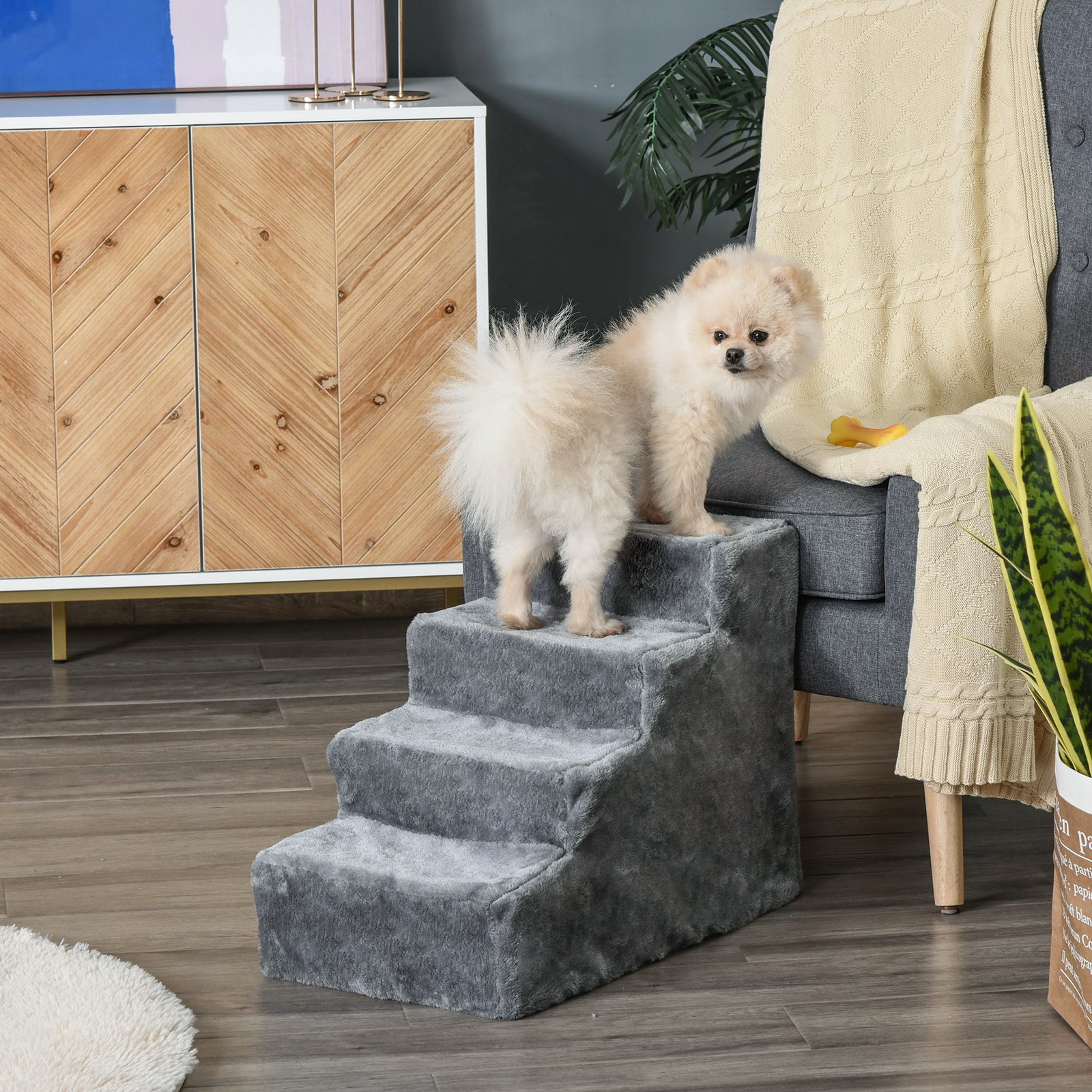 PawHut Four-Step Dog Stairs, with Washable Plush Cover, for High Bed Sofa, Dog Stairs for Small Dog and Cat - Light Grey - Image 2