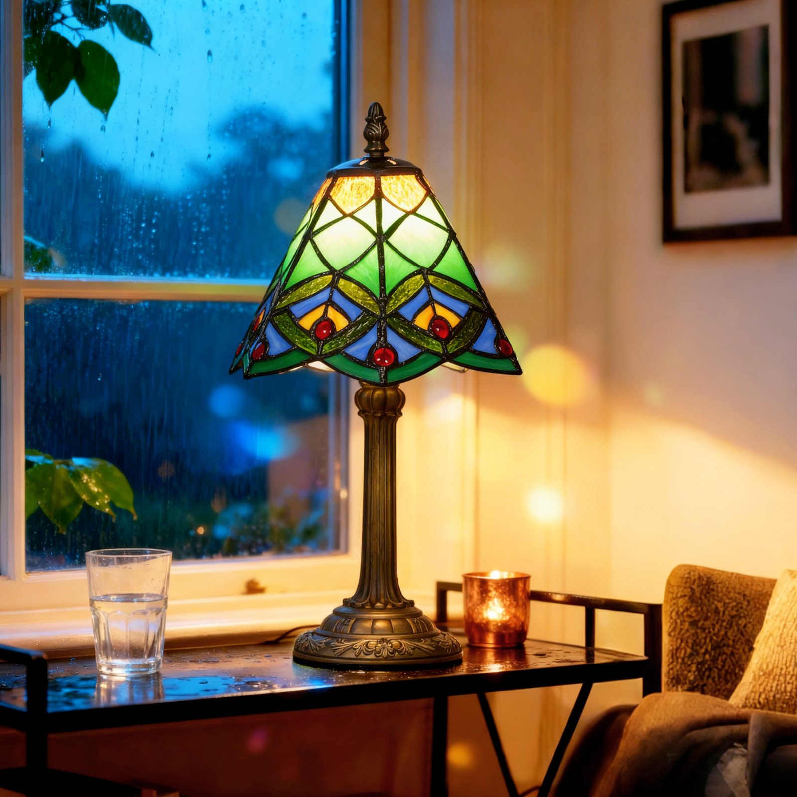 HOMCOM Tiffany-Style Table Lamp with Geometric Patterns, Handcrafted Antique Stained Glass Bedside Lamp for Living Room and Bedroom, E27 Socket, Green - Image 2