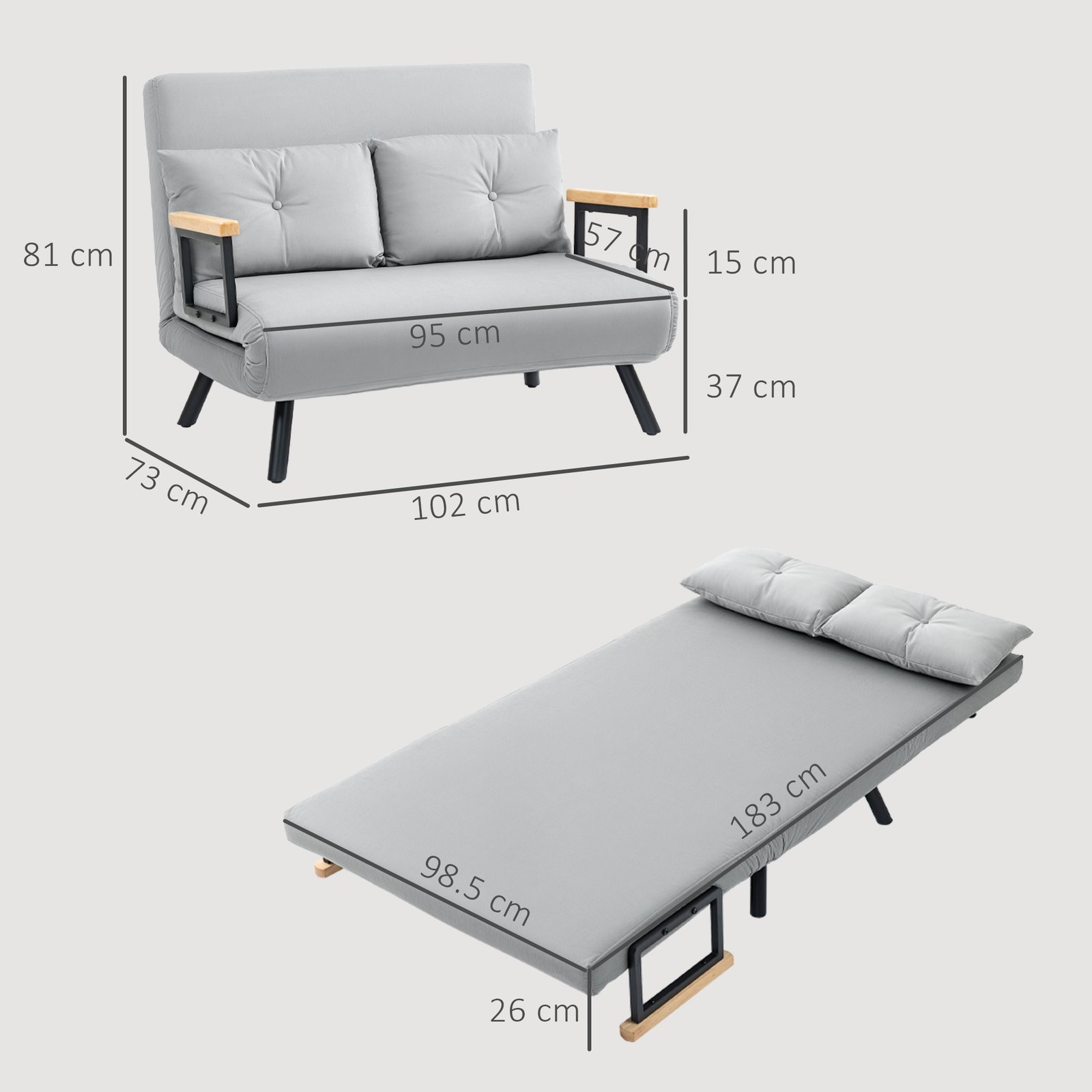 HOMCOM 4-in-1 Velvet-Feel Double Sofa Bed, with Pillows - Light Grey - Image 3