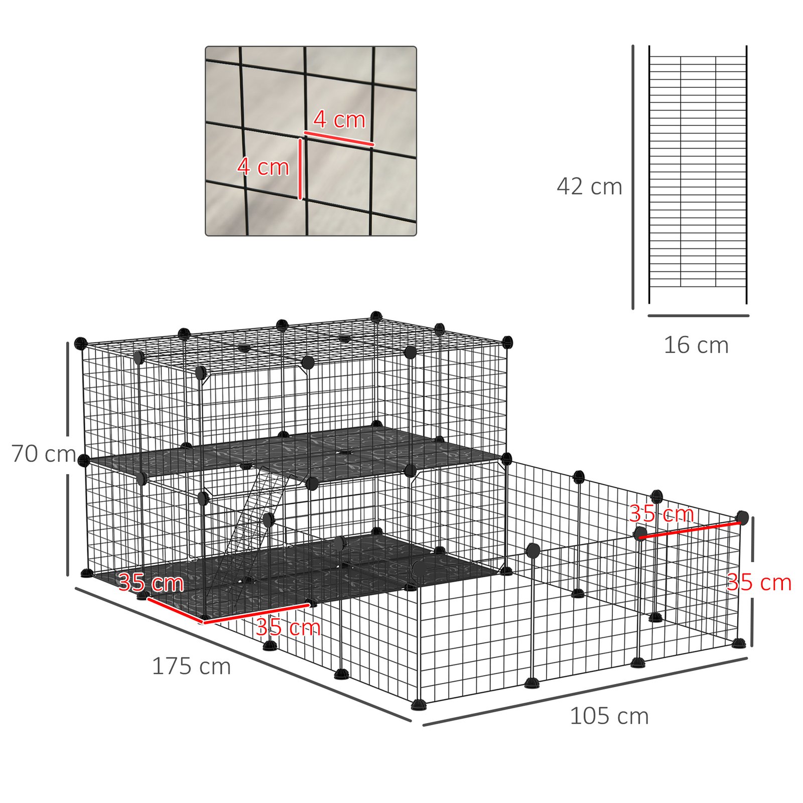 PawHut Pet Playpen with Door, Guinea Pigs Metal Mesh Cage for Small Animal, Chinchilla, 175 x 105 x 70 CM, Black - Image 3