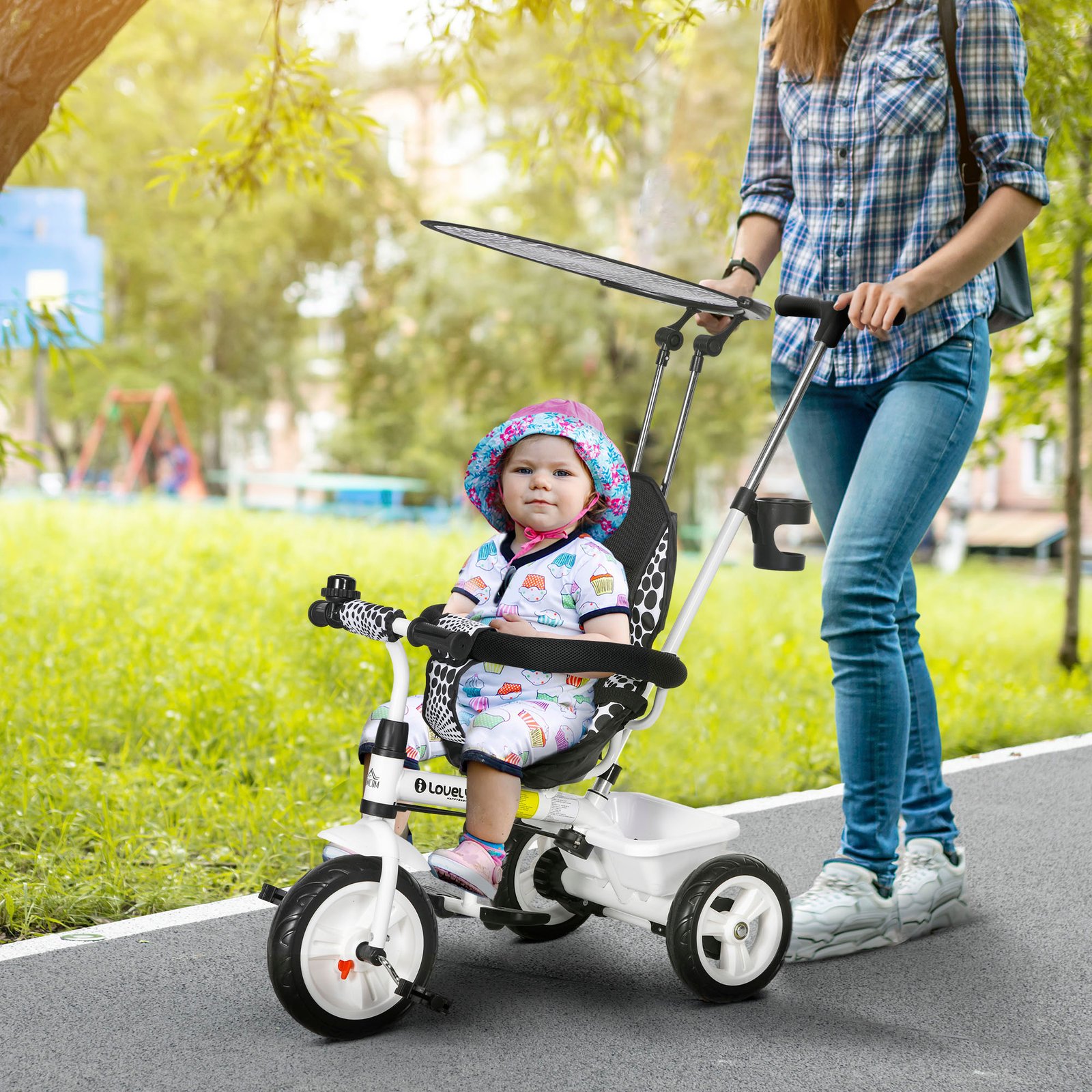 HOMCOM 6 in 1 Tricycle for Kids with 5-point harness straps, Removable Canopy, White - Image 2