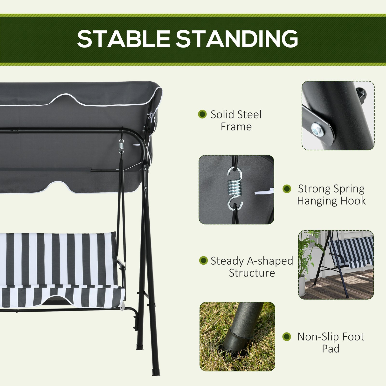 Outsunny 3 Seater Garden Swing Chair, Outdoor Swing Chair with Adjustable Canopy, Mental Frame & Cushions, Grey - Image 5