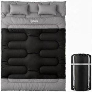 Outsunny Double Sleeping Bag with 2 Pillows, 220 x 160 cm Extra-Large Sleeping Bag for Adults, Black and Grey