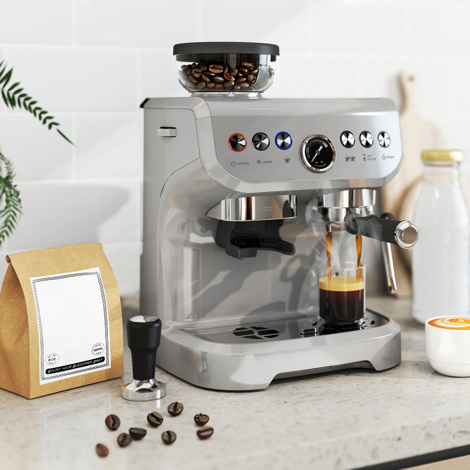 HOMCOM 15 Bar Coffee Machine with 15 Adjustable Grind Setting, Steamer and Complete Kit - Silver Colour - Image 2