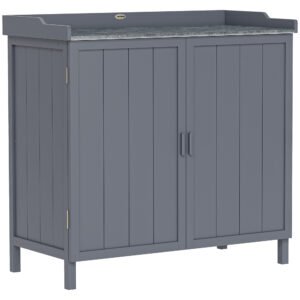 Outsunny Wood Garden Storage Cabinet, Outdoor Tool Shed, Potting Bench Table with galvanised Top and Two Shelves for garden Tools or Pool Accessories, Grey
