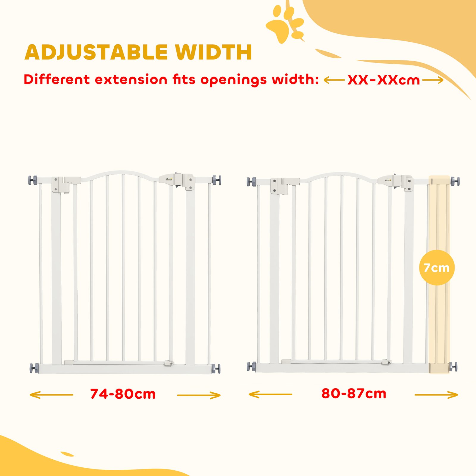 PawHut Metal 74-87cm Adjustable Pet Gate Safety Barrier w/ Auto-Close Door White - Image 4