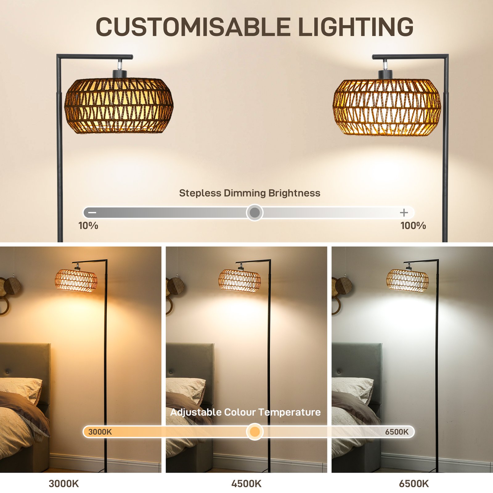 HOMCOM Boho Dimmable Floor Lamp - Black - Image 4