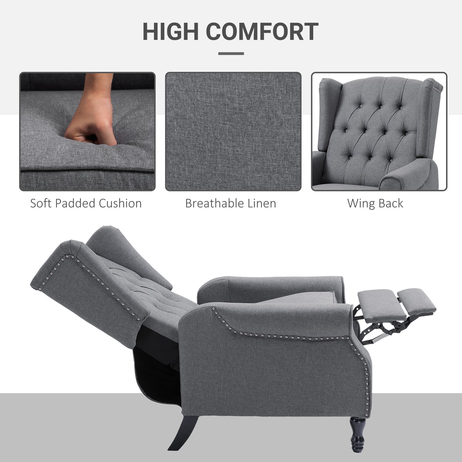 HOMCOM Recliner Armchair, Vintage Reclining Chair with Nail Head Trim, Wingback Chair with Button Tufted Back and Footrest, for Living Room, Grey - Image 5