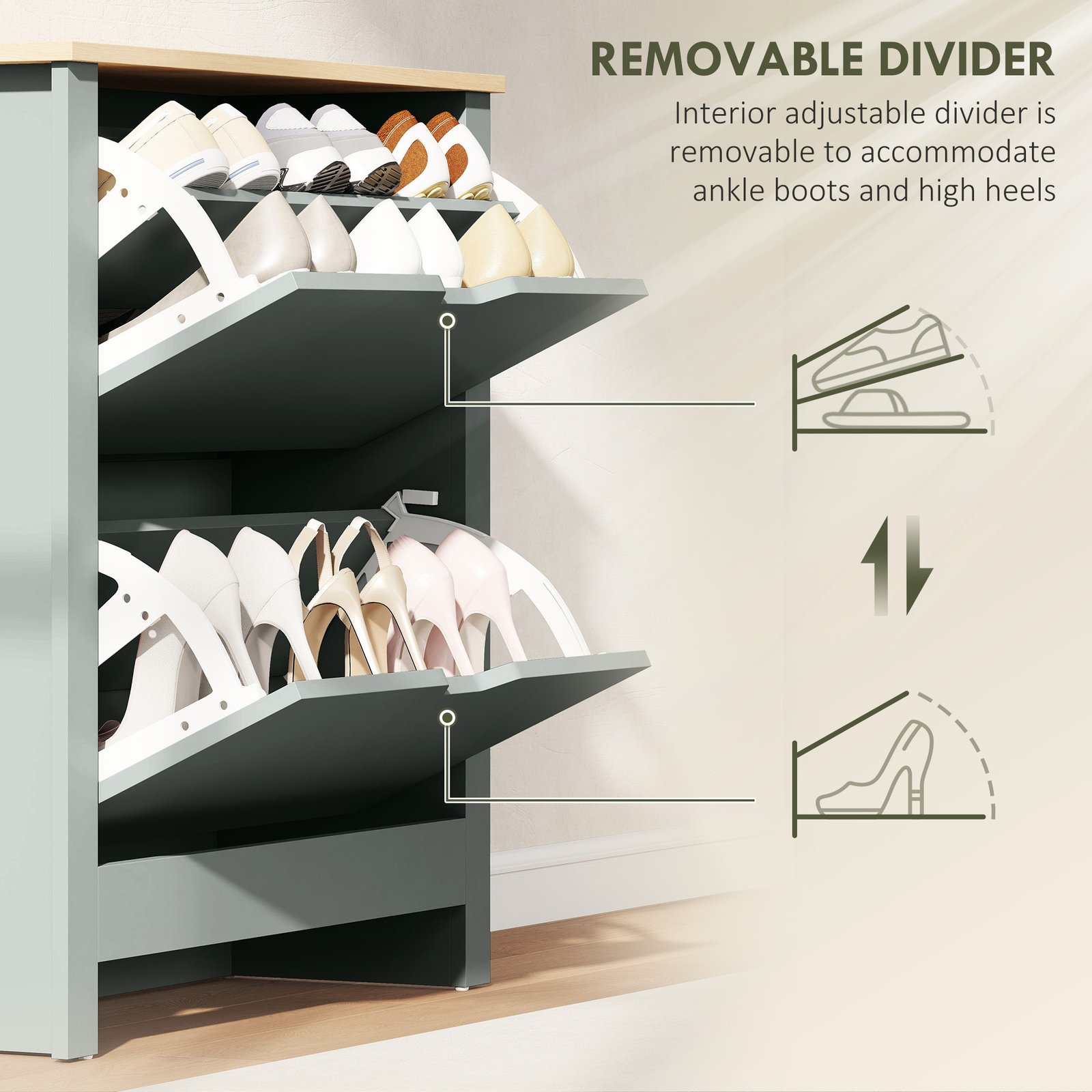 HOMCOM Slim Shoe Cabinet, Narrow Shoe Cupboard with 2 Flip Drawers, Adjustable Shelves for 12 Pairs of Shoes, Light Grey - Image 6