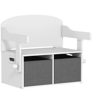 AIYAPLAY 3 in 1 Kids Storage Bench, Convertible Children Table and Chair Set with 2 Fabric Bins, Toy Storage Box, White