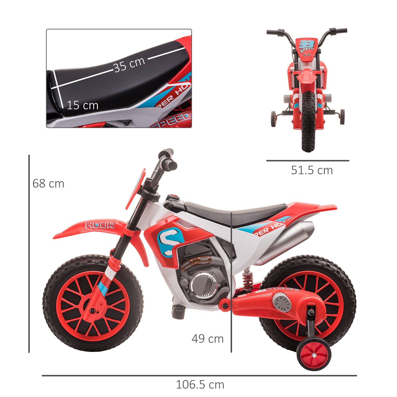HOMCOM 12V Kids Electric Motorcycle Ride-On, with Training Wheels, for Ages 3-6 Years - Red - Image 3