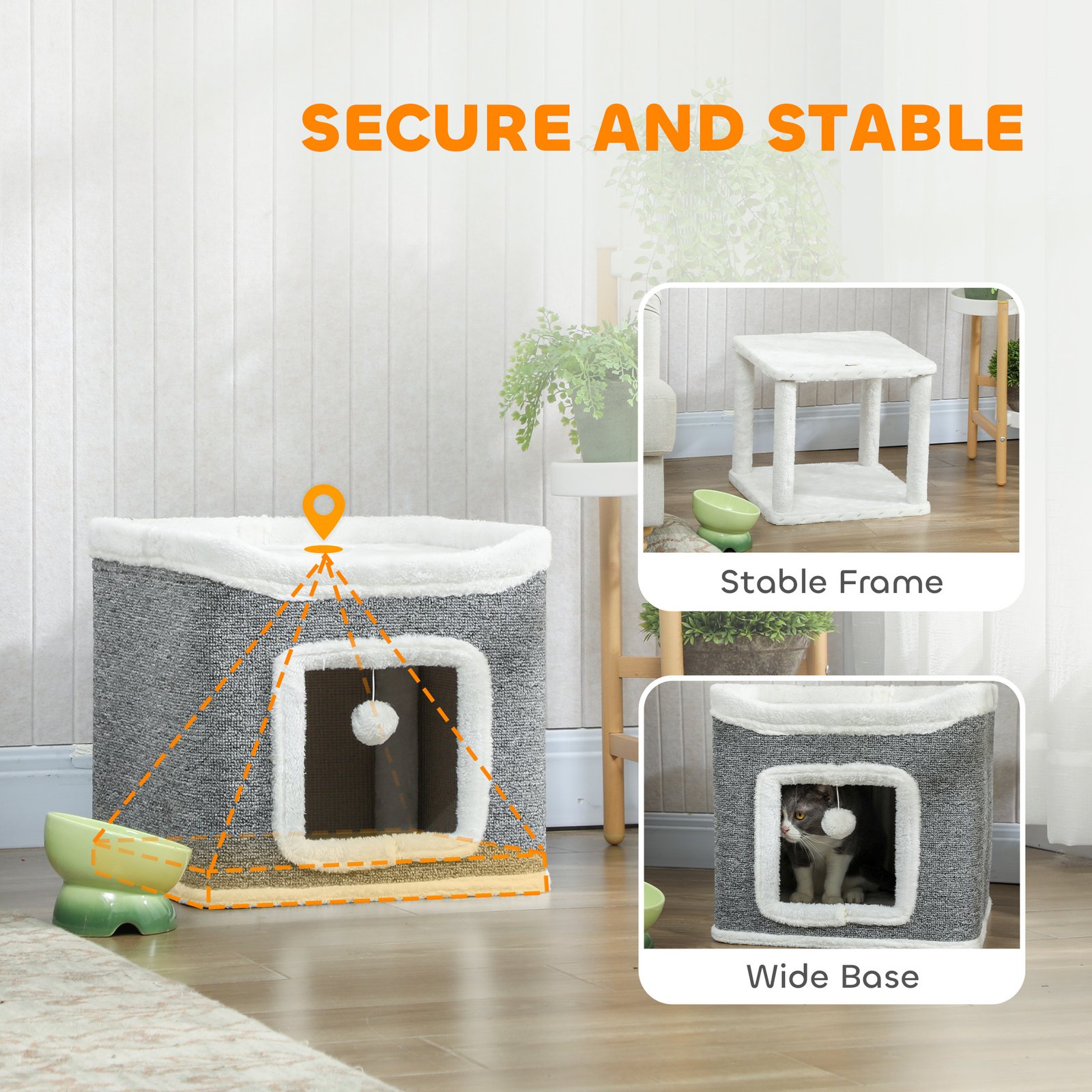 PawHut Cat House for Indoor Kittens, 2-Level Cat Cave Bed with Fluffy Balls, Top Bed, Kitten Barrel for Multi Kitties, Grey - Image 7