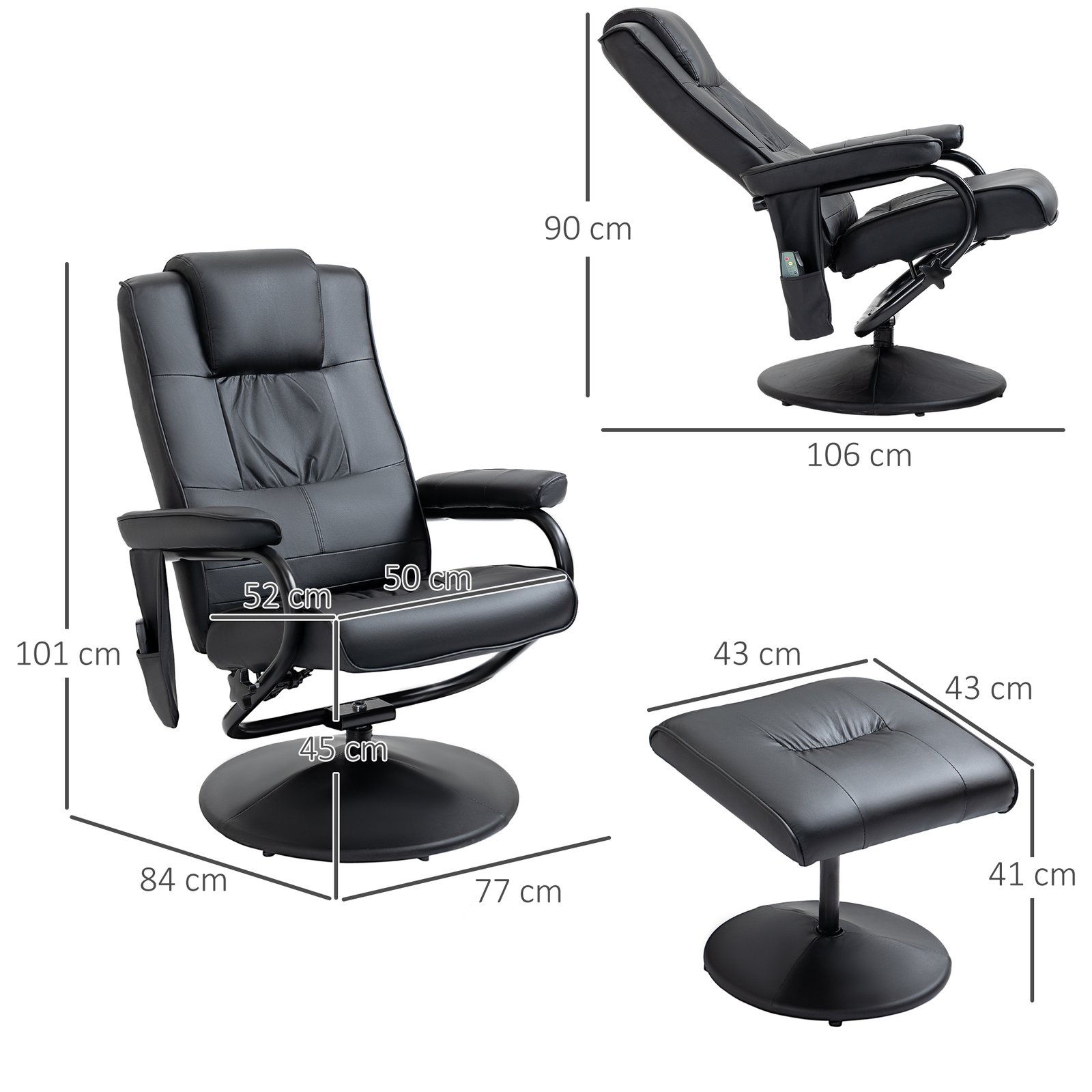 HOMCOM Swivel Recliner Chair and Footstool, Faux Leather Massage Recliner Armchair with Remote Control and Round Wrapped Base, Black - Image 3