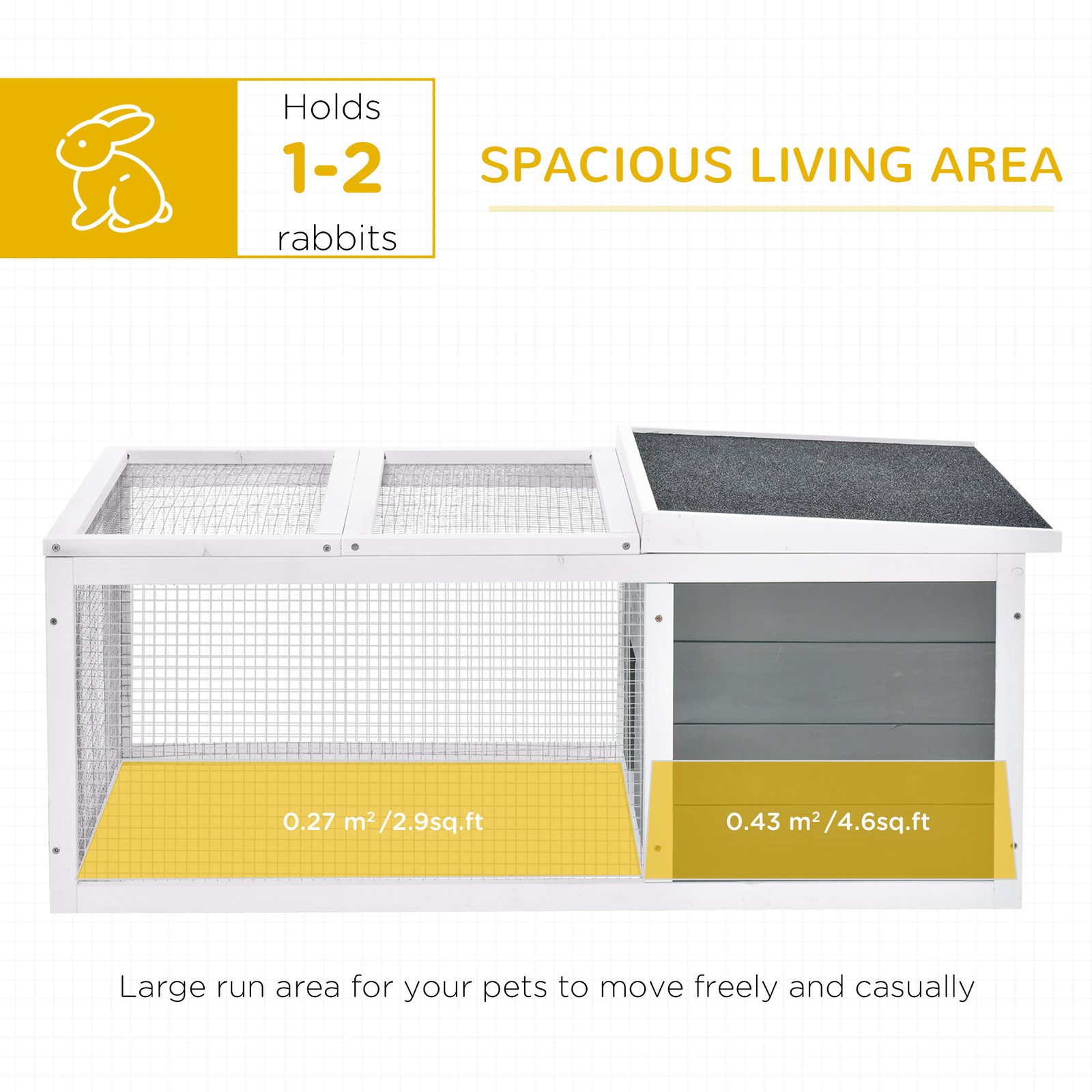 PawHut Rabbit Hutch Guinea Pig Hutch Wooden Small Animal Cage Rabbit Run Duck House with Openable Roof for Indoor Outdoor 115 x 66 x 47.5 cm - Image 4