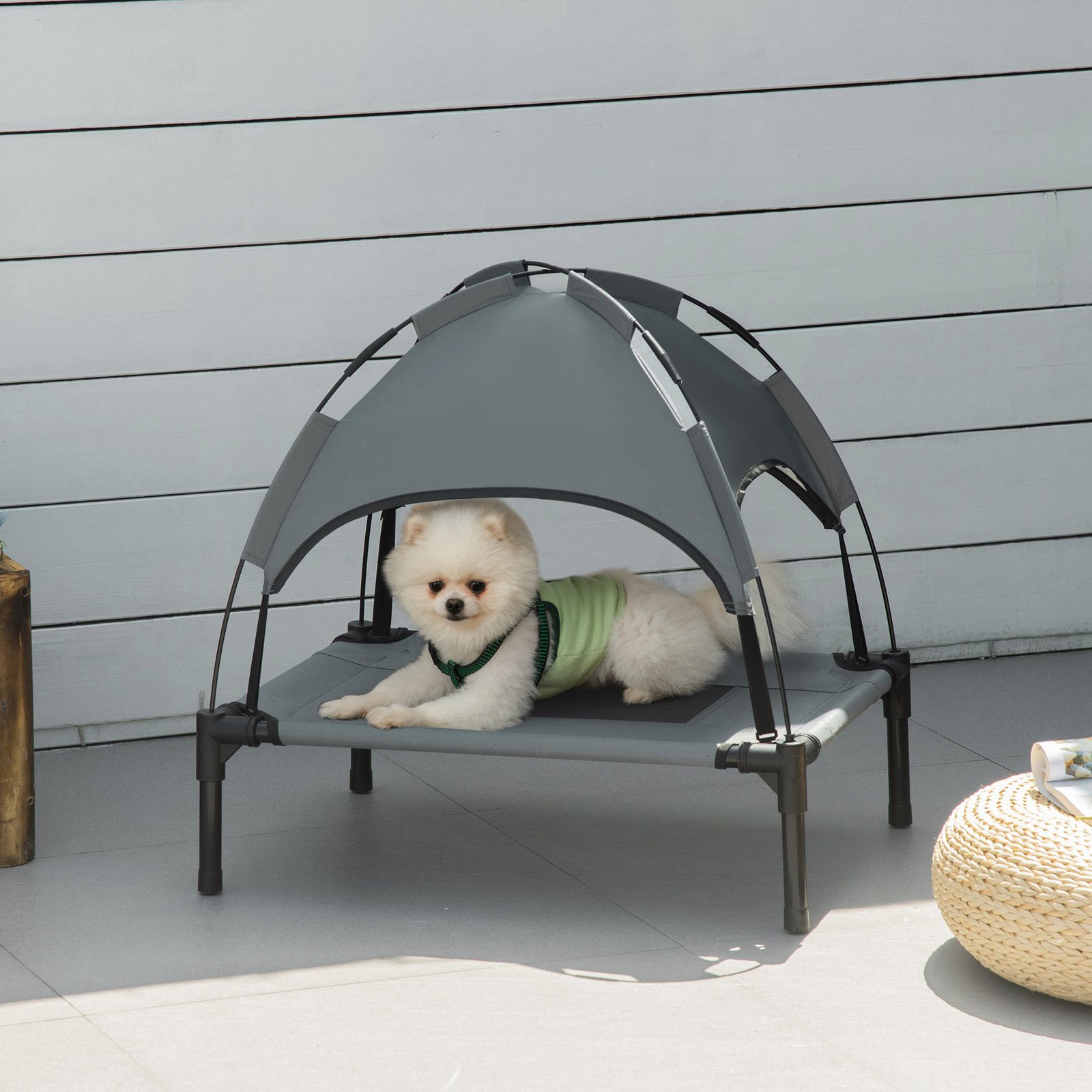 PawHut Outdoor Dog Bed with Removable Canopy, Portable Raised Dog Bed for Camping, Garden & Beach, Water-Resistant UV-Protection Mesh Pet Cot Sun Lounger, for Small Pets, 61 x 46 x 62 cm, Grey - Image 2